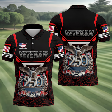 Personalized Veteran America 250 Polo Shirt Red Accent, Printed Golf Shirts, Golf Shirts For Men