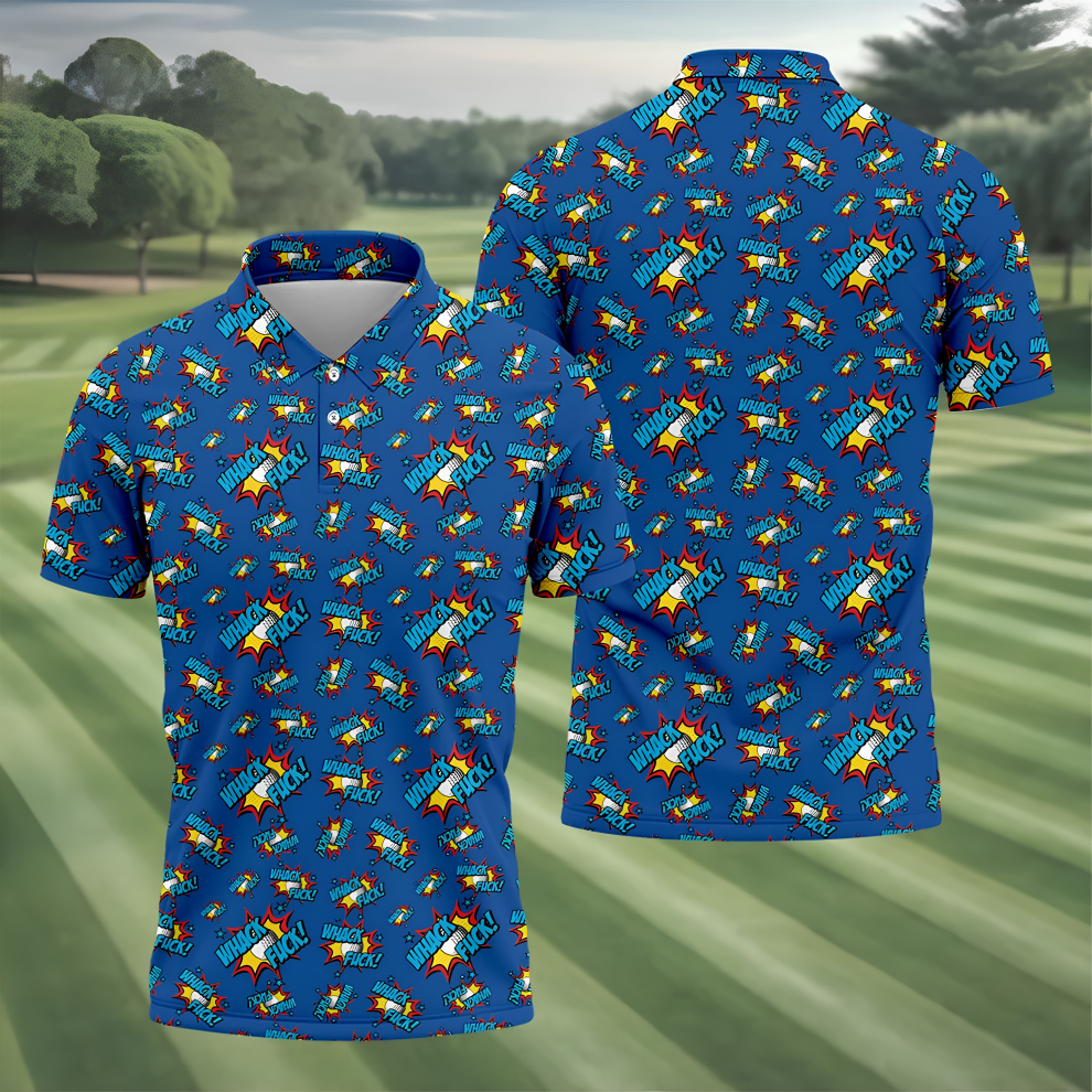 Funny Whack Fuck Comic Golf Ball Navy Polo Shirt, Men's Golf Shirt, Printed Golf Shirts