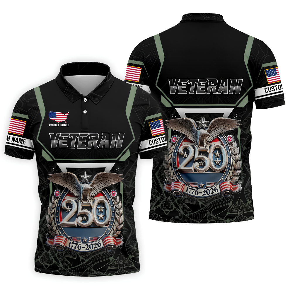 Personalized Veteran America 250 Polo Shirt Gray Accent, Golf Polo Shirts For Men, Mens Golf Shirts