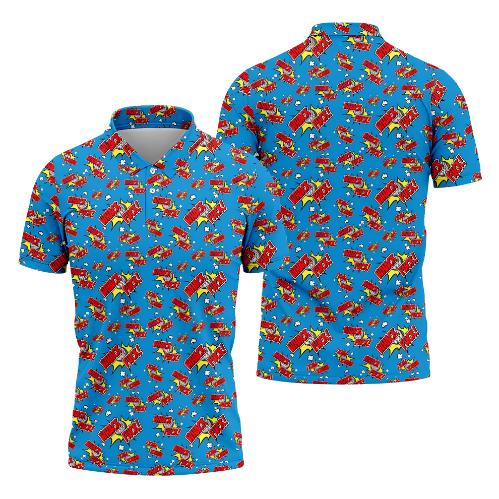 Funny Whack F*ck Comic Golf Ball Blue Polo Shirt, Mens Golf Polo, Golf Apparel For Men