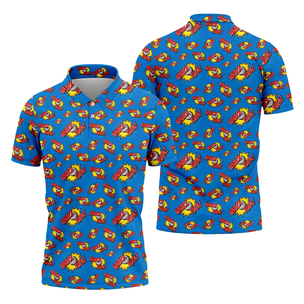 Whack F*ck Comic Golf Ball Blue Polo Shirt, Funny Golf Shirt, Golf Shirts For Men
