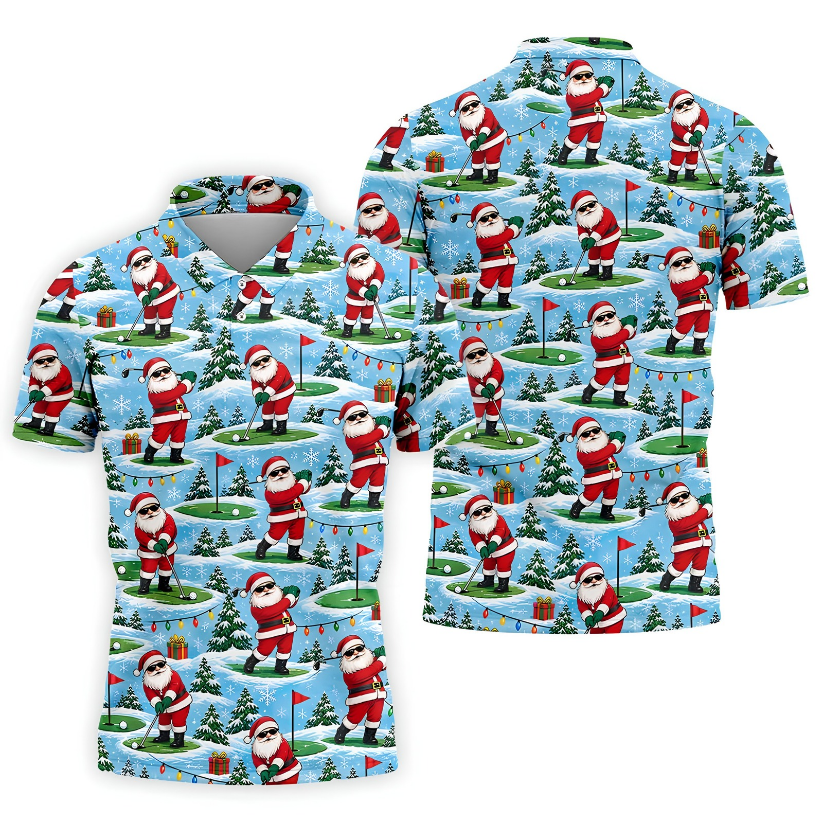 Santa Playing Golf In Snow Christmas Golf Shirt, Mens Golf Polo, Golf Shirts For Men