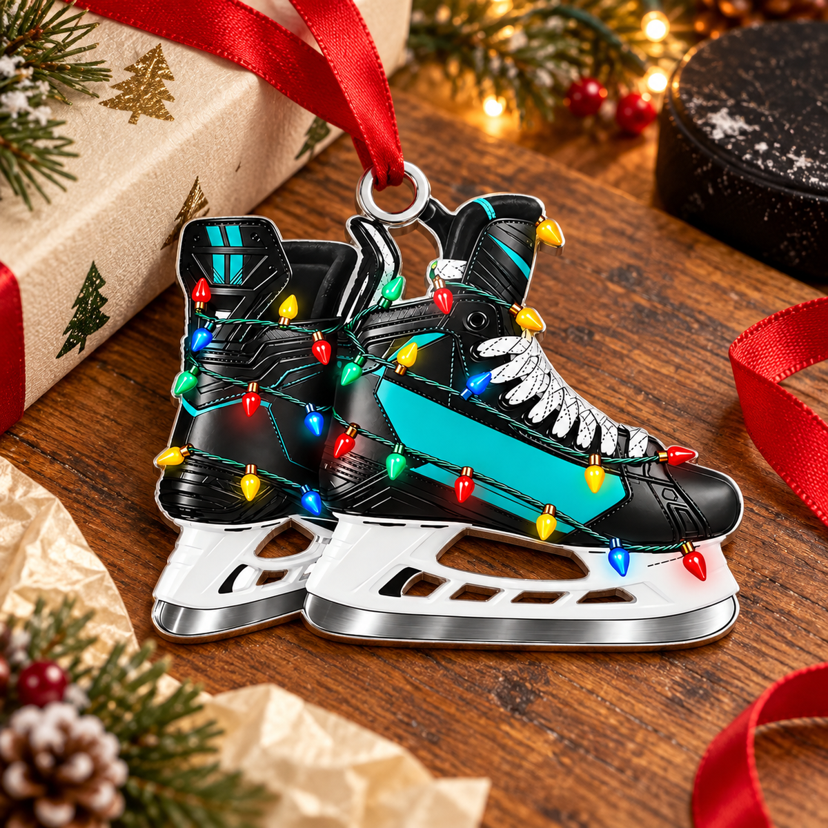Custom Name Teal Hockey Skates Acrylic Ornament, Christmas Ornaments, Hockey Gifts