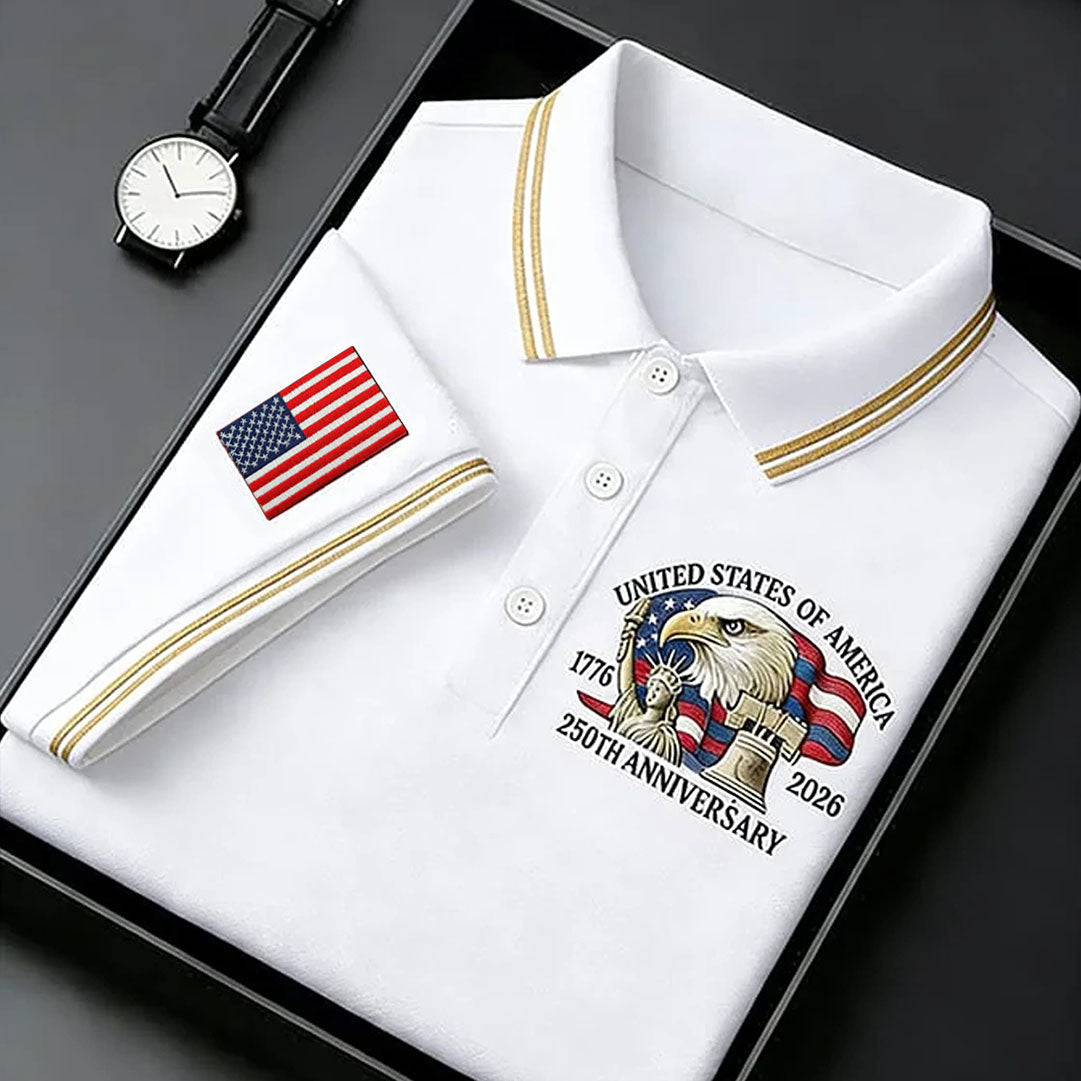 Bald Eagle American Flag 250 Years White Golf Shirt, Patriotic 4th Of July Golf Shirts For Men