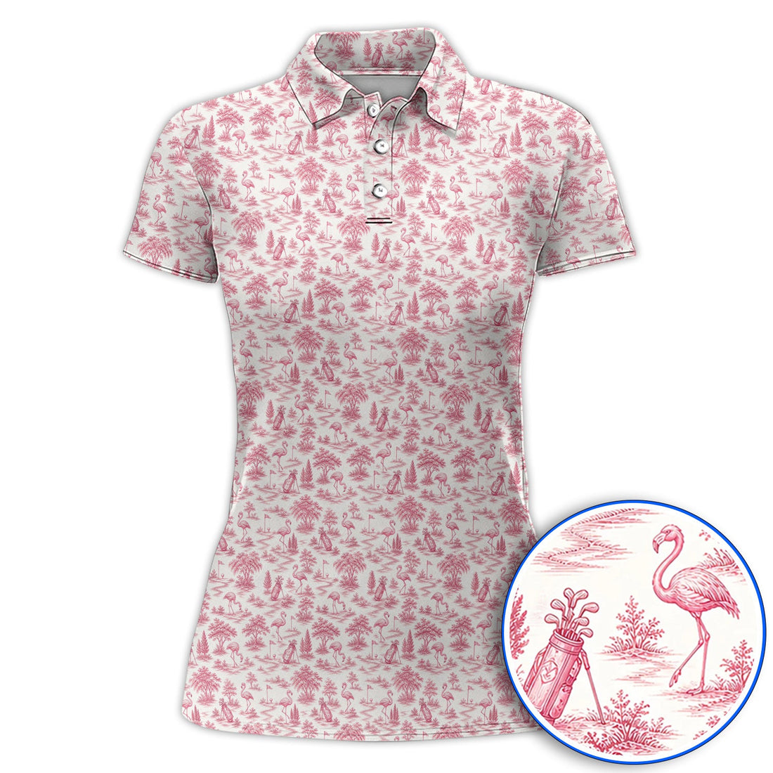 Toile De Jouy Flamingo Pattern Golf Shirt, Crazy Pink Golf Polos, Golf Gift For Golfer