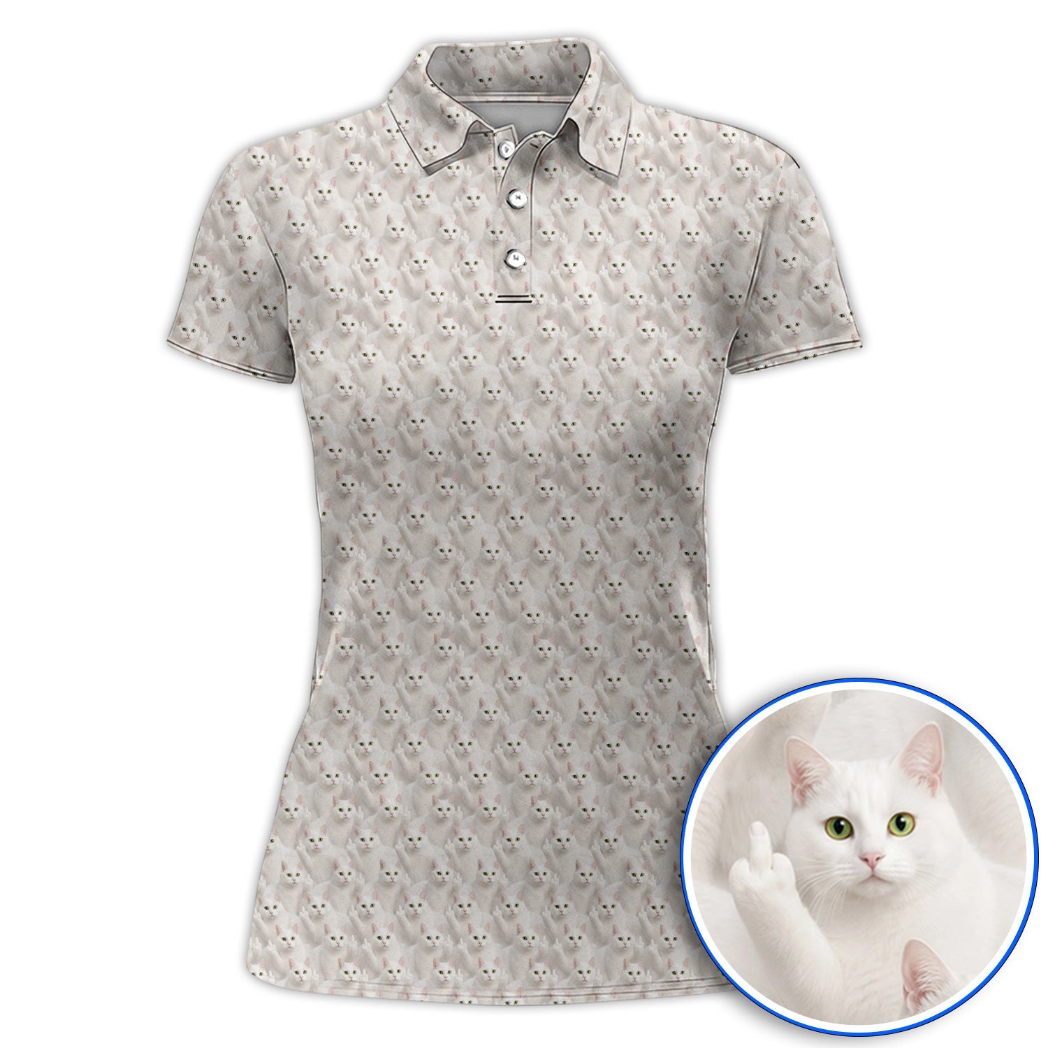 White Cat Pattern Golf Polos, Crazy Cat Lover Golf Shirt, Funny Golf Gift For Cat Mom