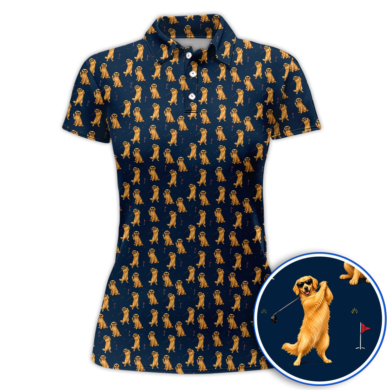 Golden Retriever Fairway Golf Shirt, Golf Dog Pattern Polos, Gift For Golden Retriever Owners
