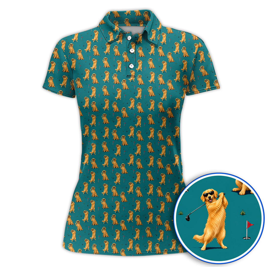 Golden Retriever Fairway Golf Shirt, Golf Dog Pattern Polos, Gift For Golden Retriever Owners