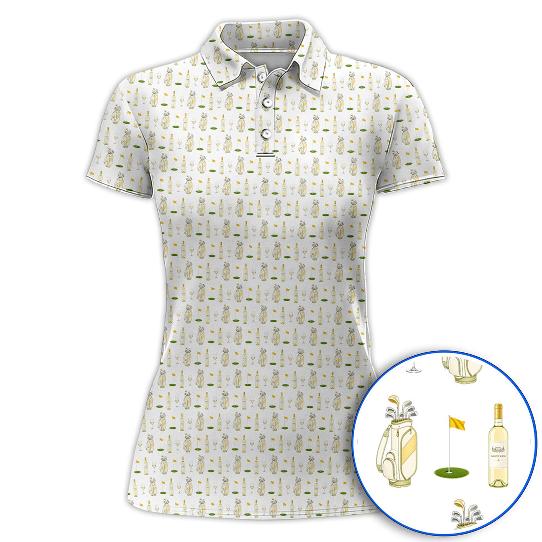 White Wine Pattern Golf Polos, Elegant Winery Golf Shirt, Wine Golf Gift For Golfer