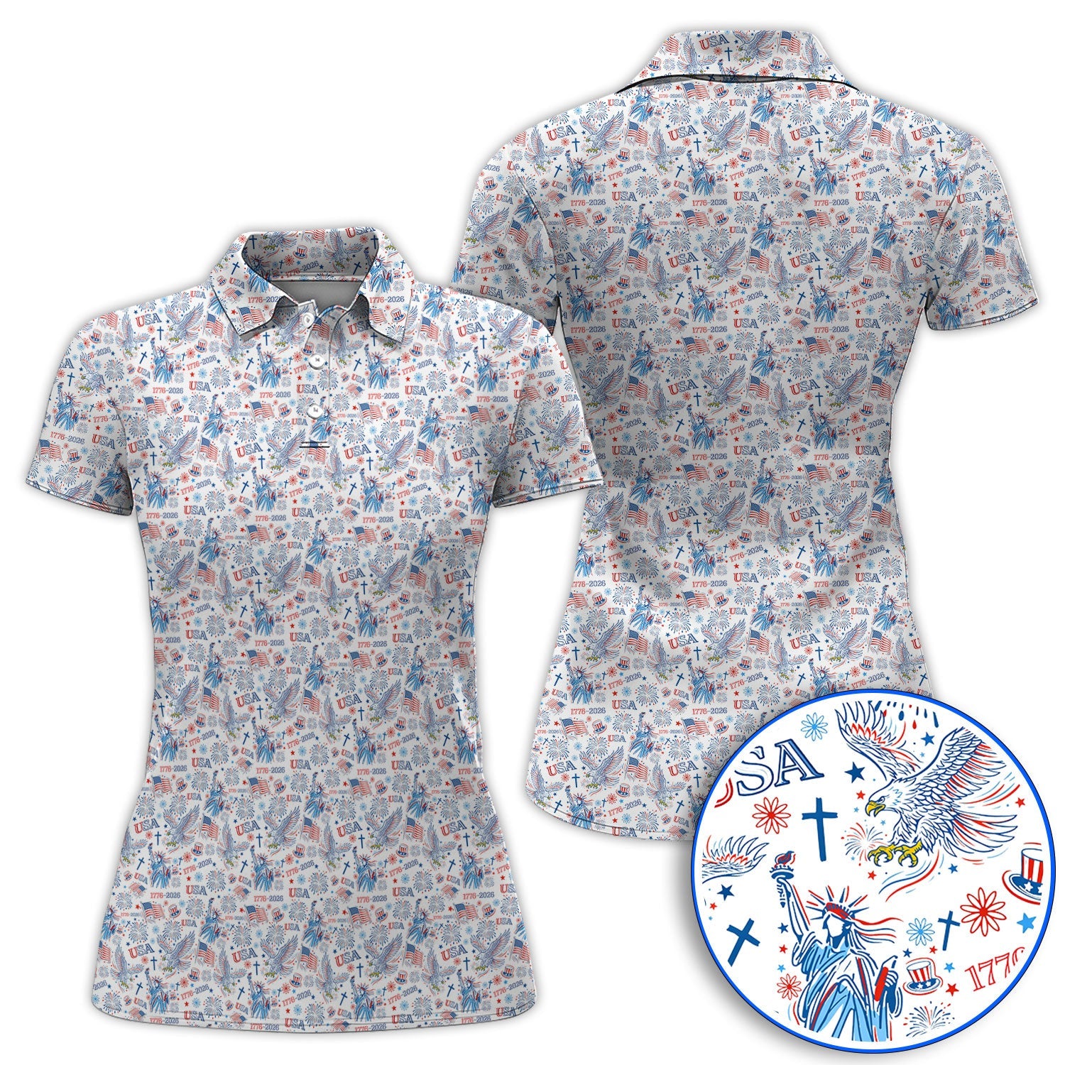 USA 1776–2026 Pattern Golf Polos, Eagle & Liberty Golf Shirt For Golfer, 4th of July Golf Shirts