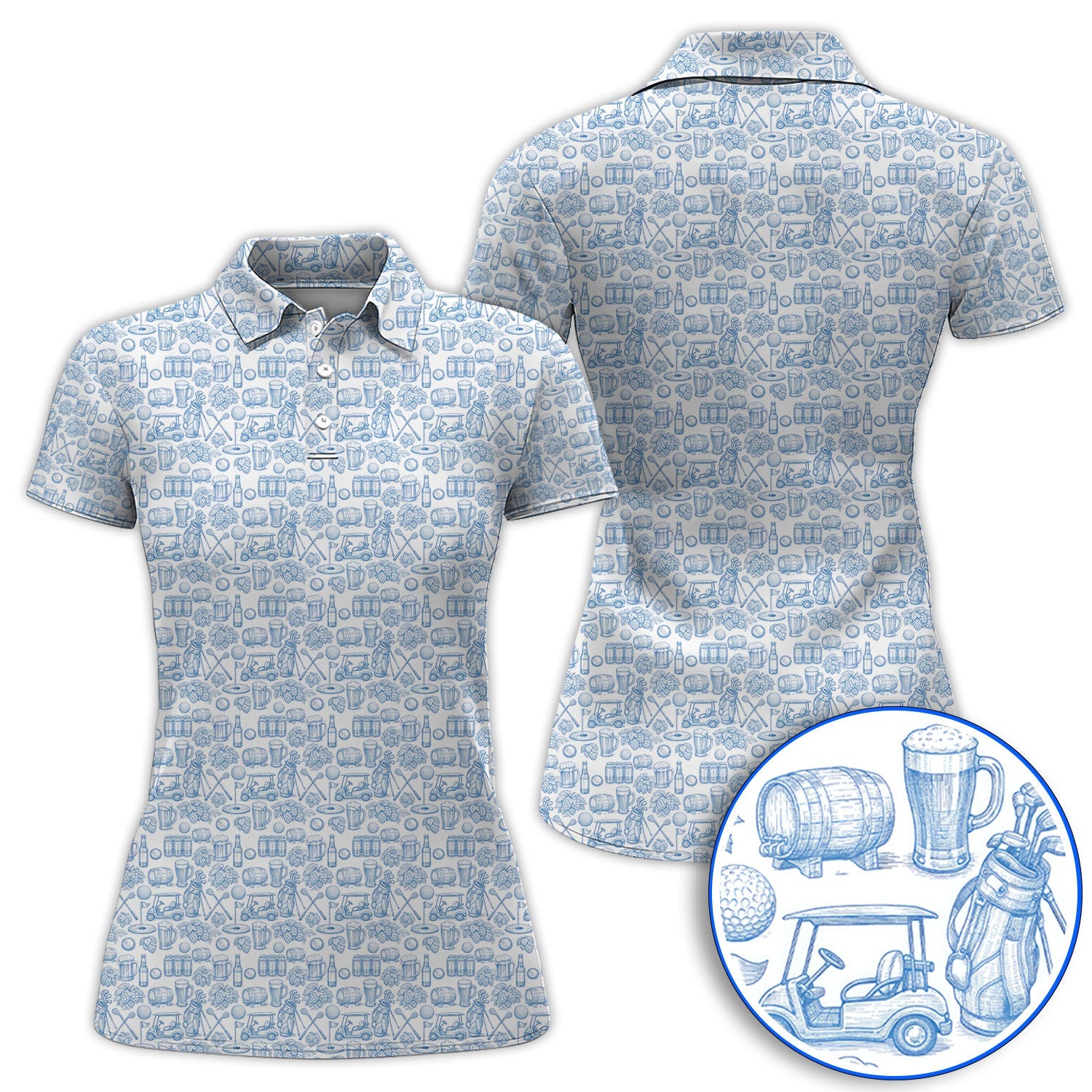 Toile De Jouy Pattern Golf Polos,  Funny Beer Golf Shirt For Men, Golf Gift For Golfer