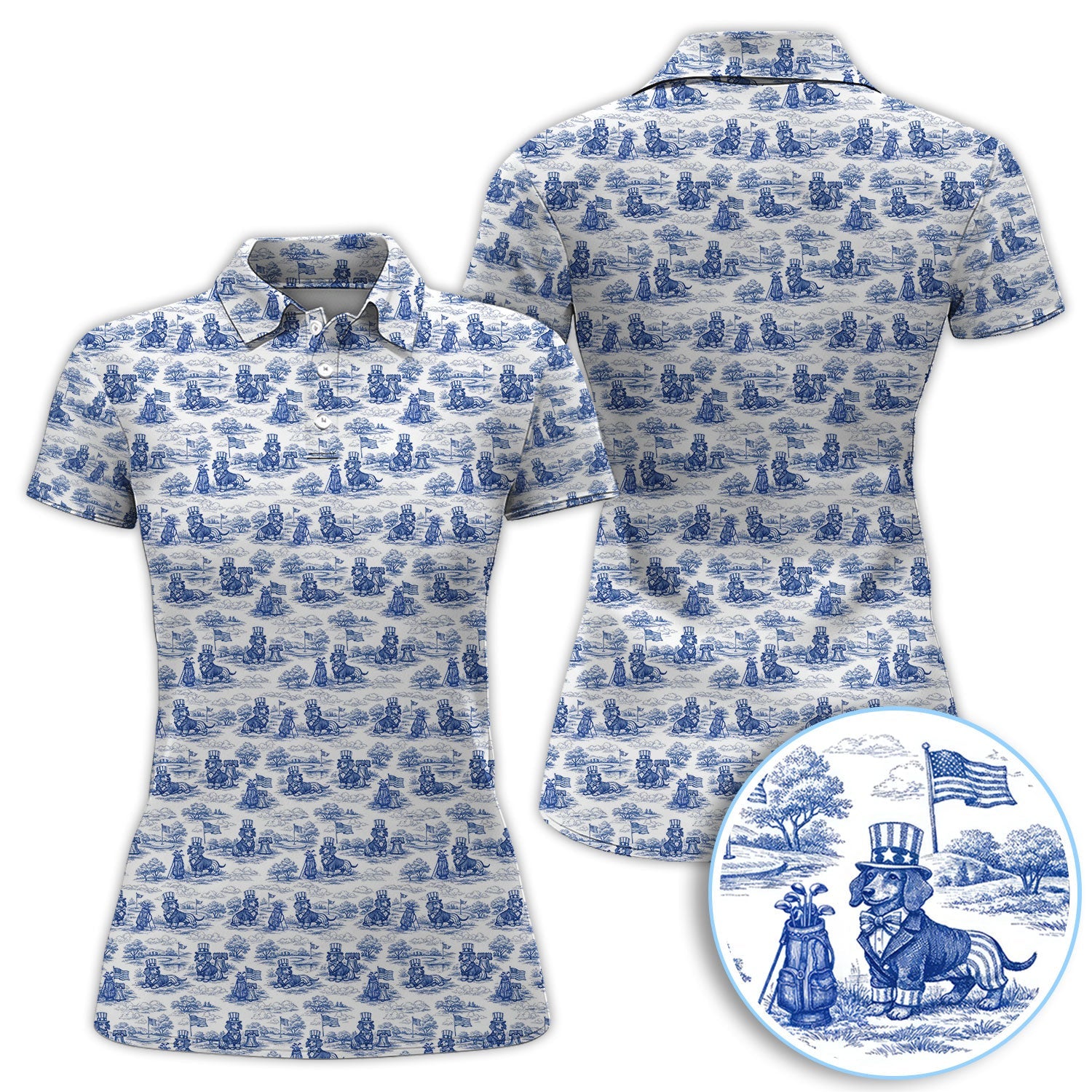 Toile De Jouy Dachshund Golf Polos, USA Wiener Dog Pattern Golf Shirt, Golf Gift For Men