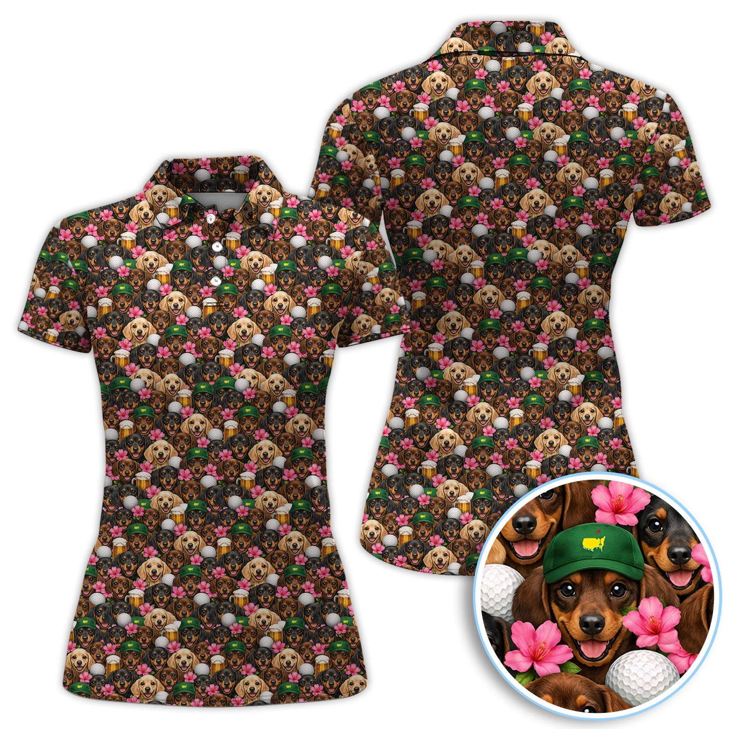 Dachshund Pattern Golf Shirt, Funny Wiener Dog Golf Polos, Golf Gift For Men