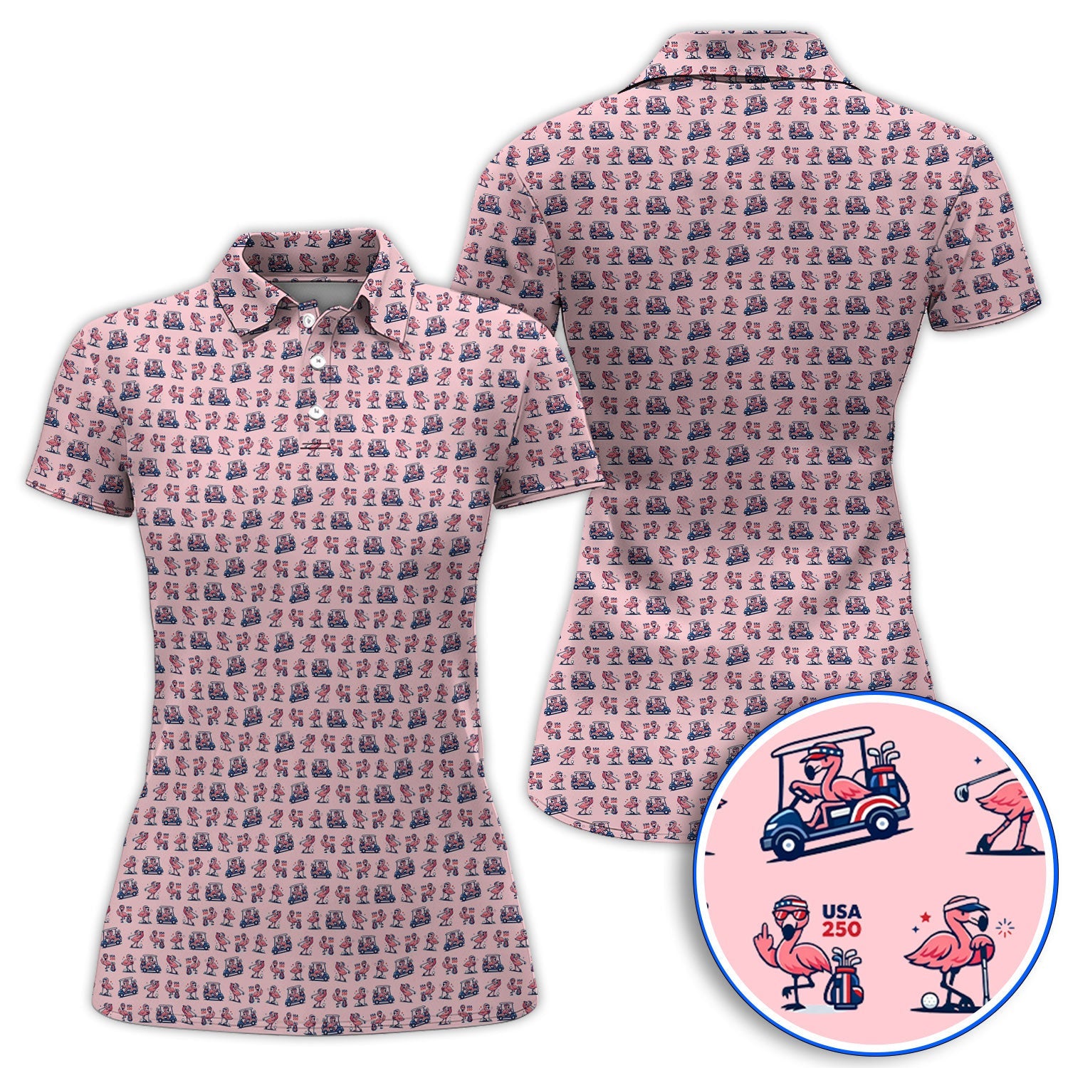 Funny Flamingo Pattern Golf Polos, USA 250 Patriotic Summer Golf Shirt, Crazy Golf Gift For Golfer