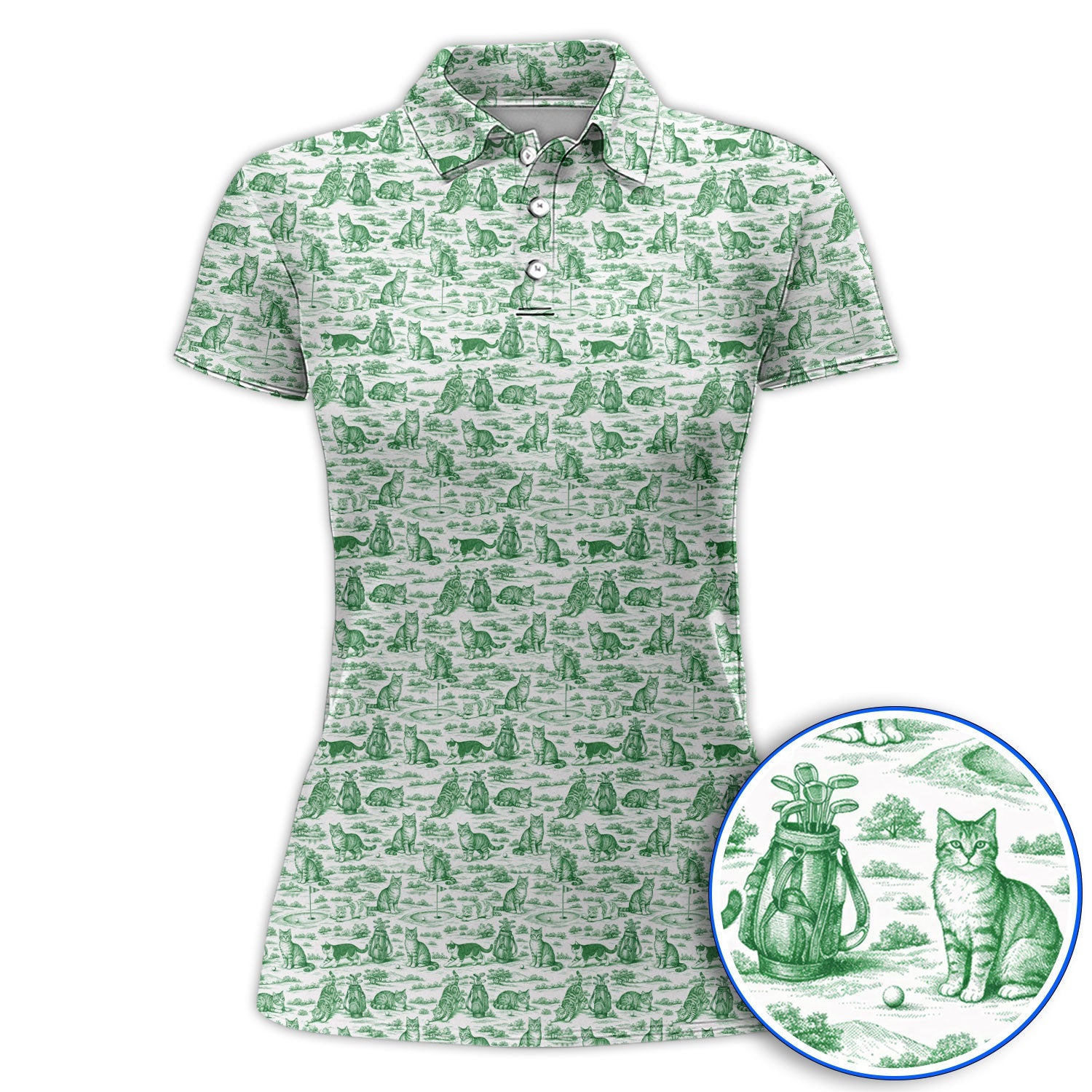 Toile De Jouy Pattern Golf Polos, Crazy Cat Golf Shirt For Golfer, Golf Gift For Pet Lover