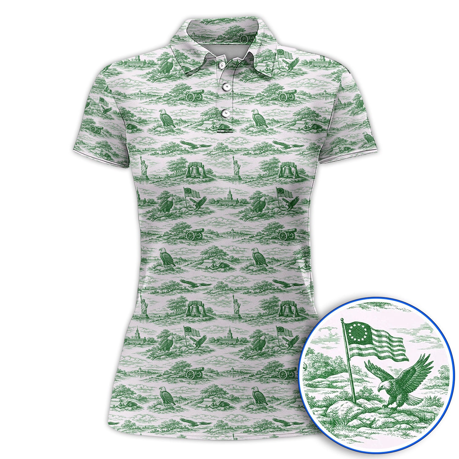 America 250th Patriotic Golf Polos, USA Toile De Jouy Pattern Golf Shirt For Golfer, Crazy Golf Shirt