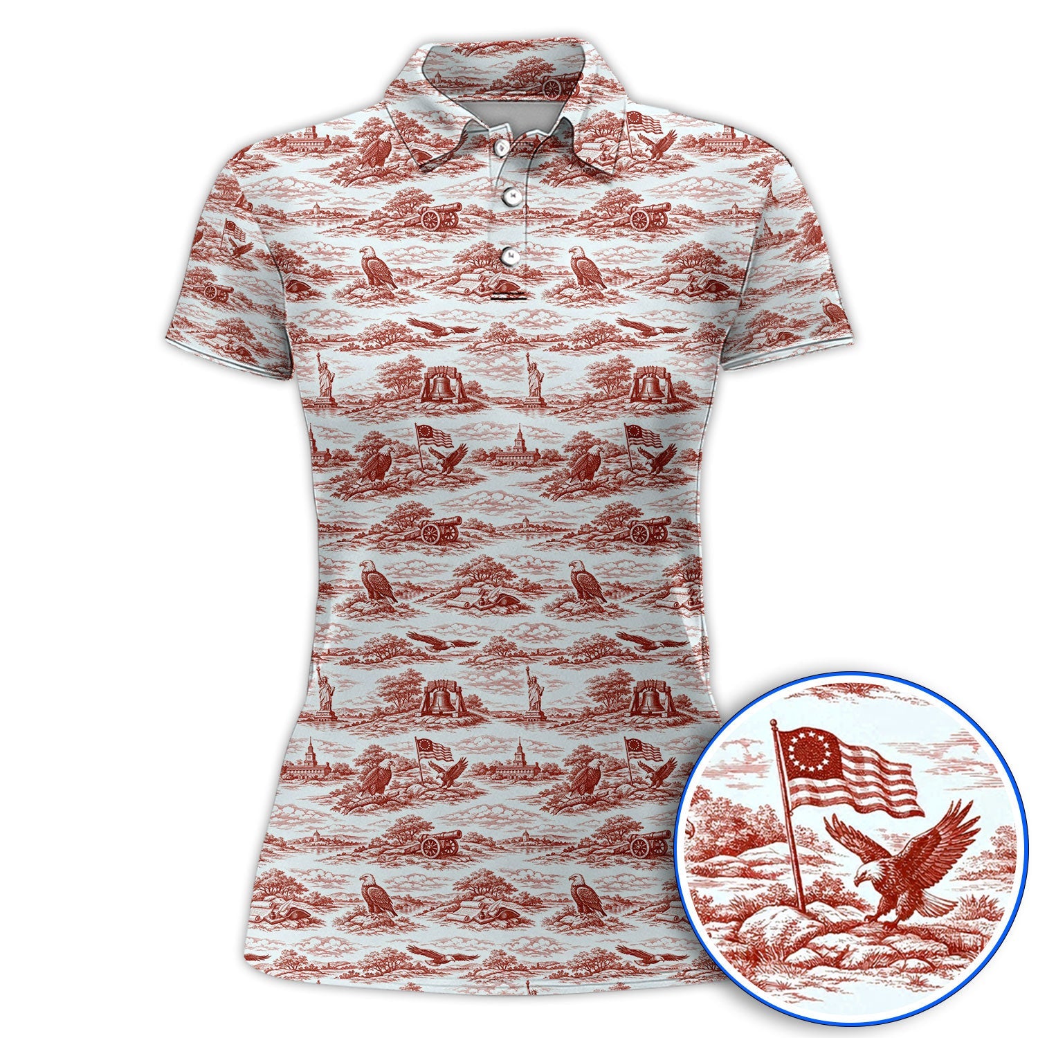 America 250th Patriotic Golf Polos, USA Toile De Jouy Pattern Golf Shirt For Golfer, Crazy Golf Shirt