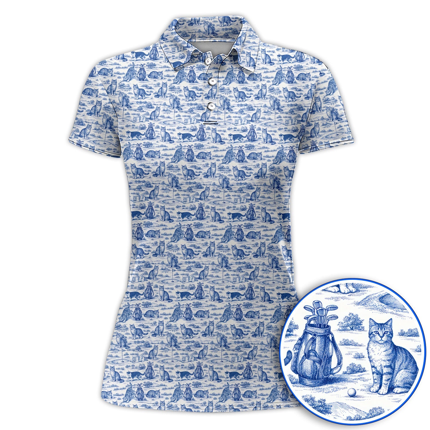 Toile De Jouy Pattern Golf Polos, Crazy Cat Golf Shirt For Golfer, Golf Gift For Pet Lover