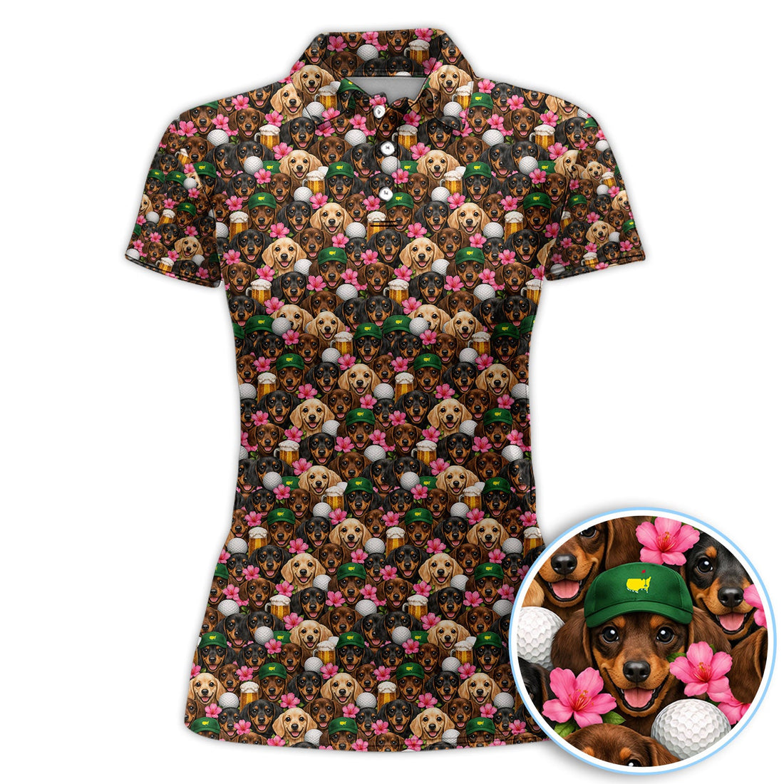 Dachshund Pattern Golf Shirt, Funny Wiener Dog Golf Polos, Golf Gift For Men