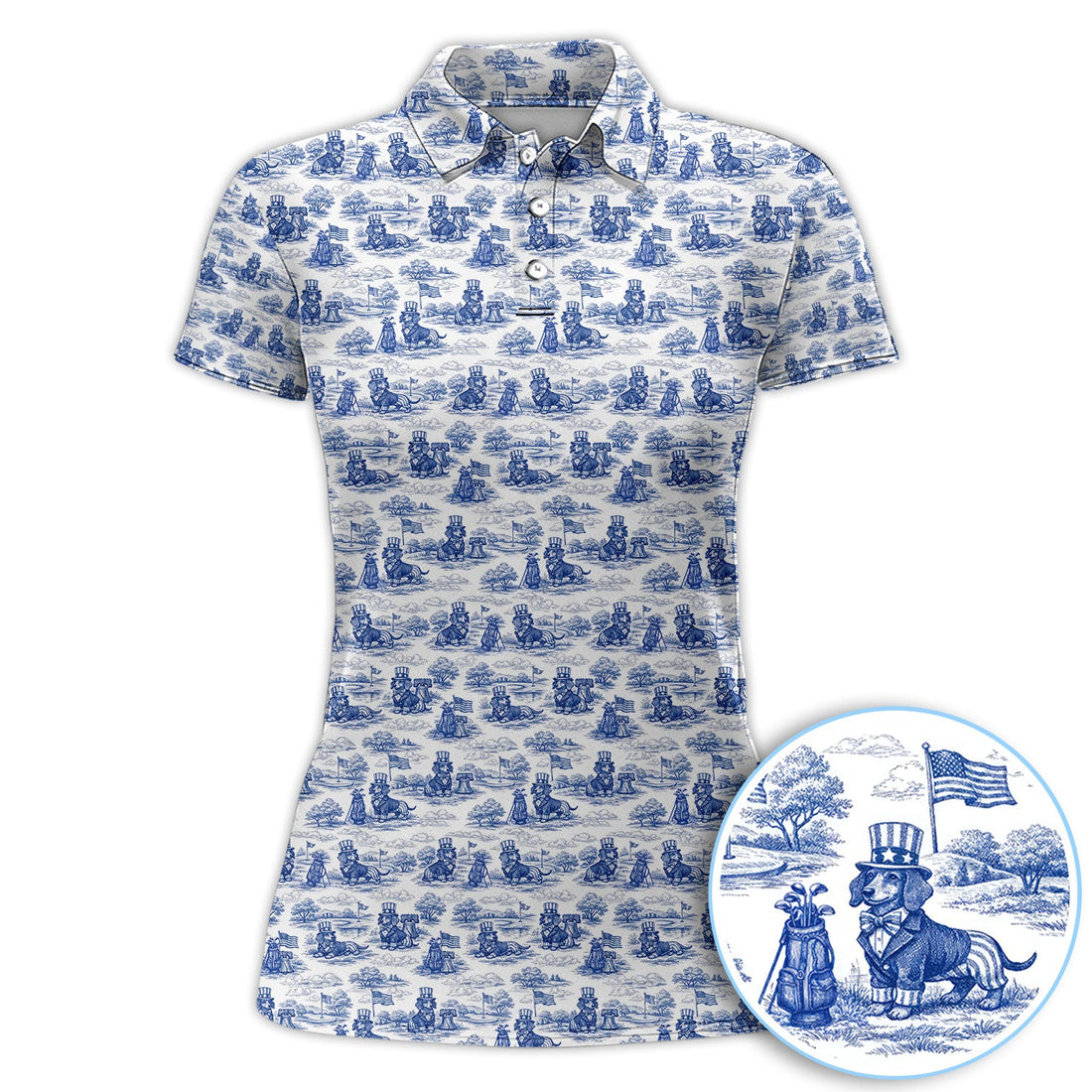 Toile De Jouy Dachshund Golf Polos, USA Wiener Dog Pattern Golf Shirt, Golf Gift For Men