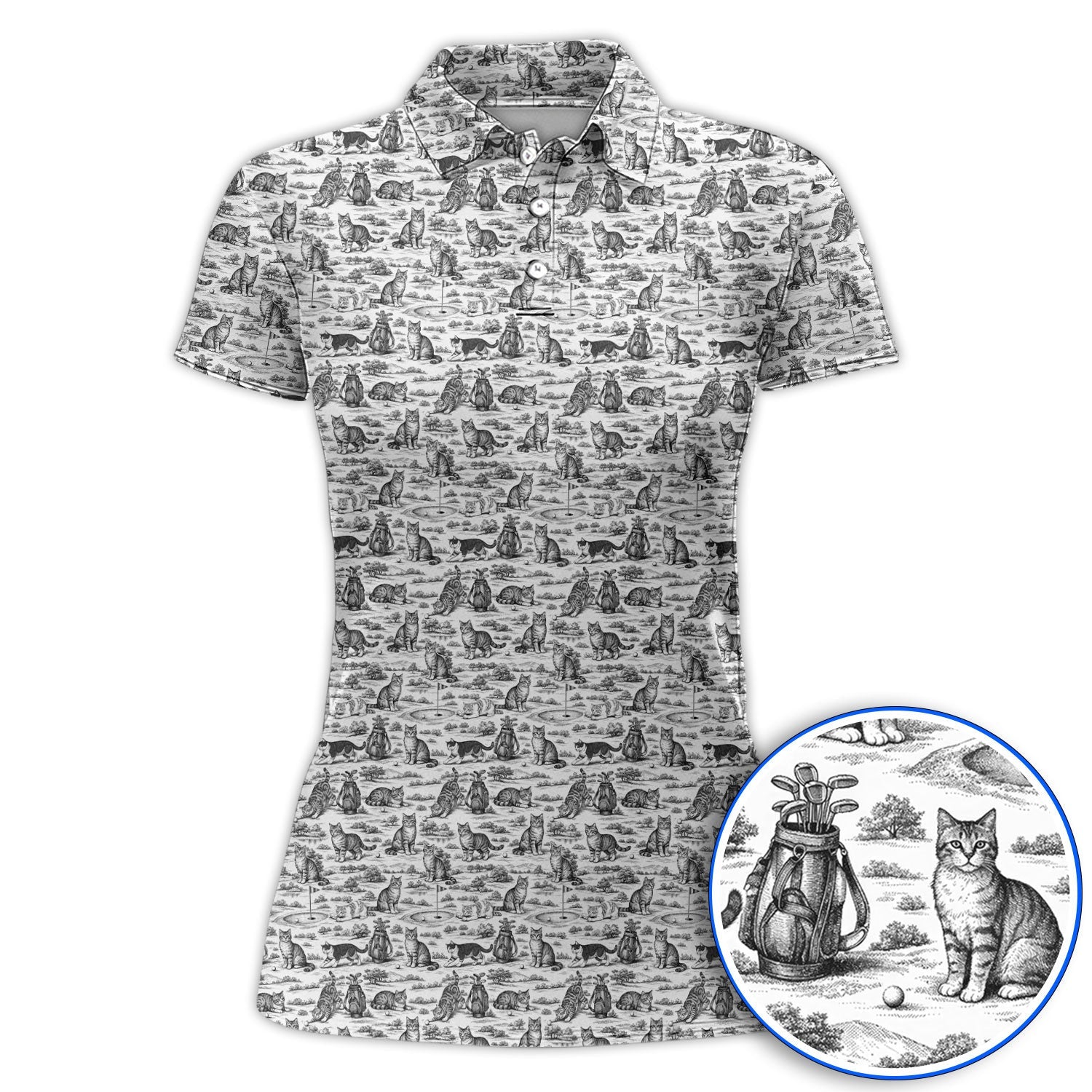 Toile De Jouy Pattern Golf Polos, Crazy Cat Golf Shirt For Golfer, Golf Gift For Pet Lover