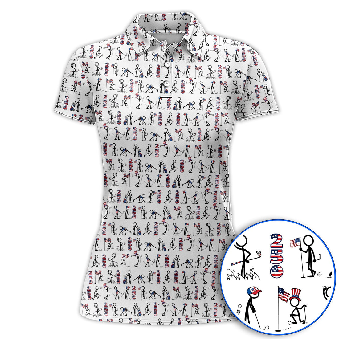 USA 250 Casual Patriotic Golf Shirt, Stick Figure Golfer Pattern Golf Polos, Funny Golf Shirts Gor Golfer