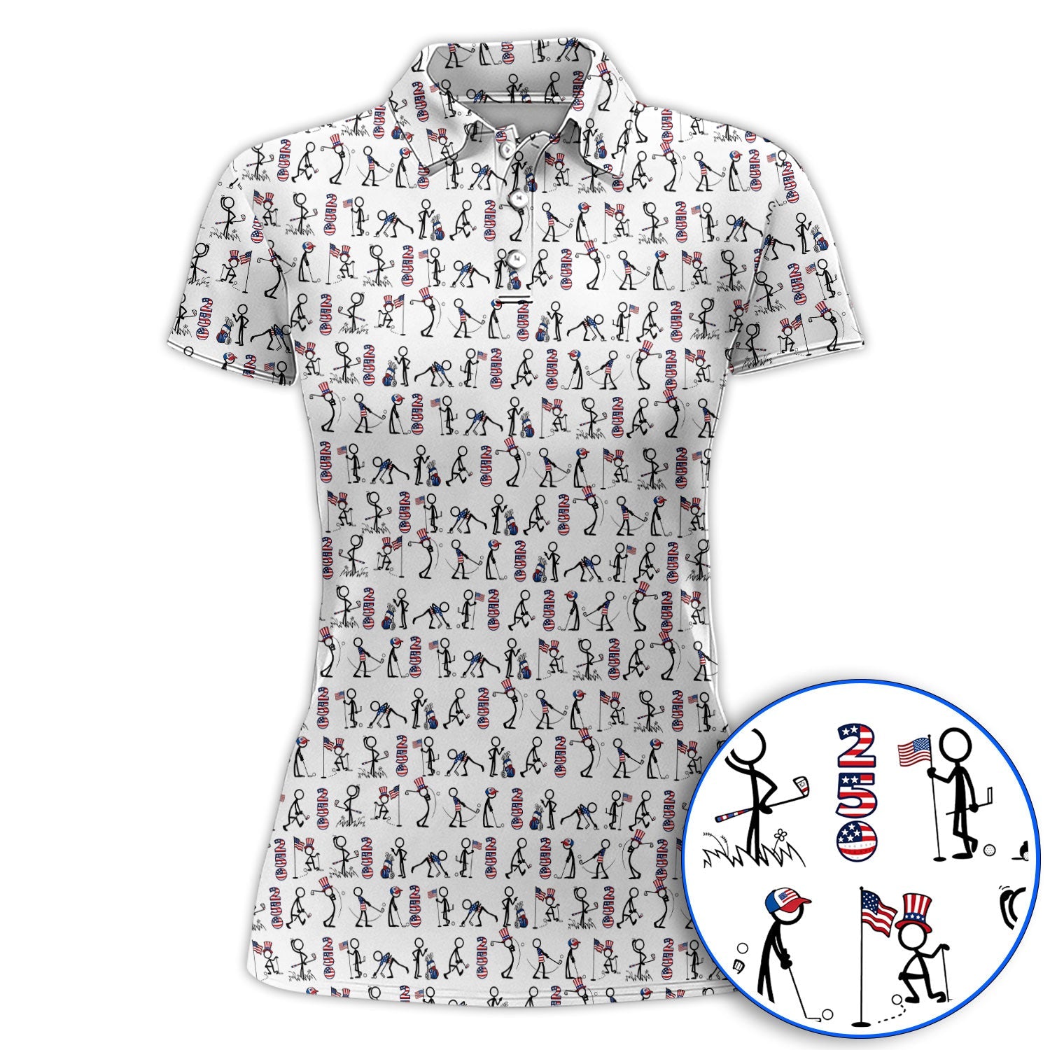 USA 250 Casual Patriotic Golf Shirt, Stick Figure Golfer Pattern Golf Polos, Funny Golf Shirts Gor Golfer
