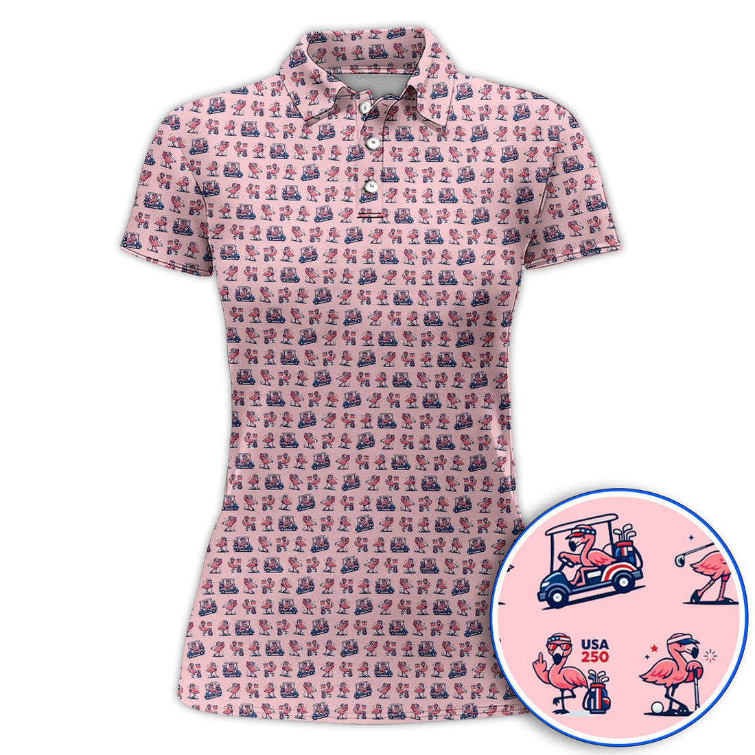 Funny Flamingo Pattern Golf Polos, USA 250 Patriotic Summer Golf Shirt, Crazy Golf Gift For Golfer
