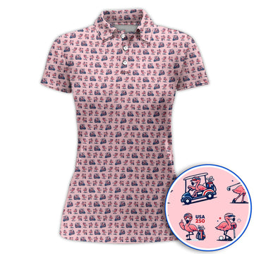 Funny Flamingo Pattern Golf Polos, USA 250 Patriotic Summer Golf Shirt, Crazy Golf Gift For Golfer