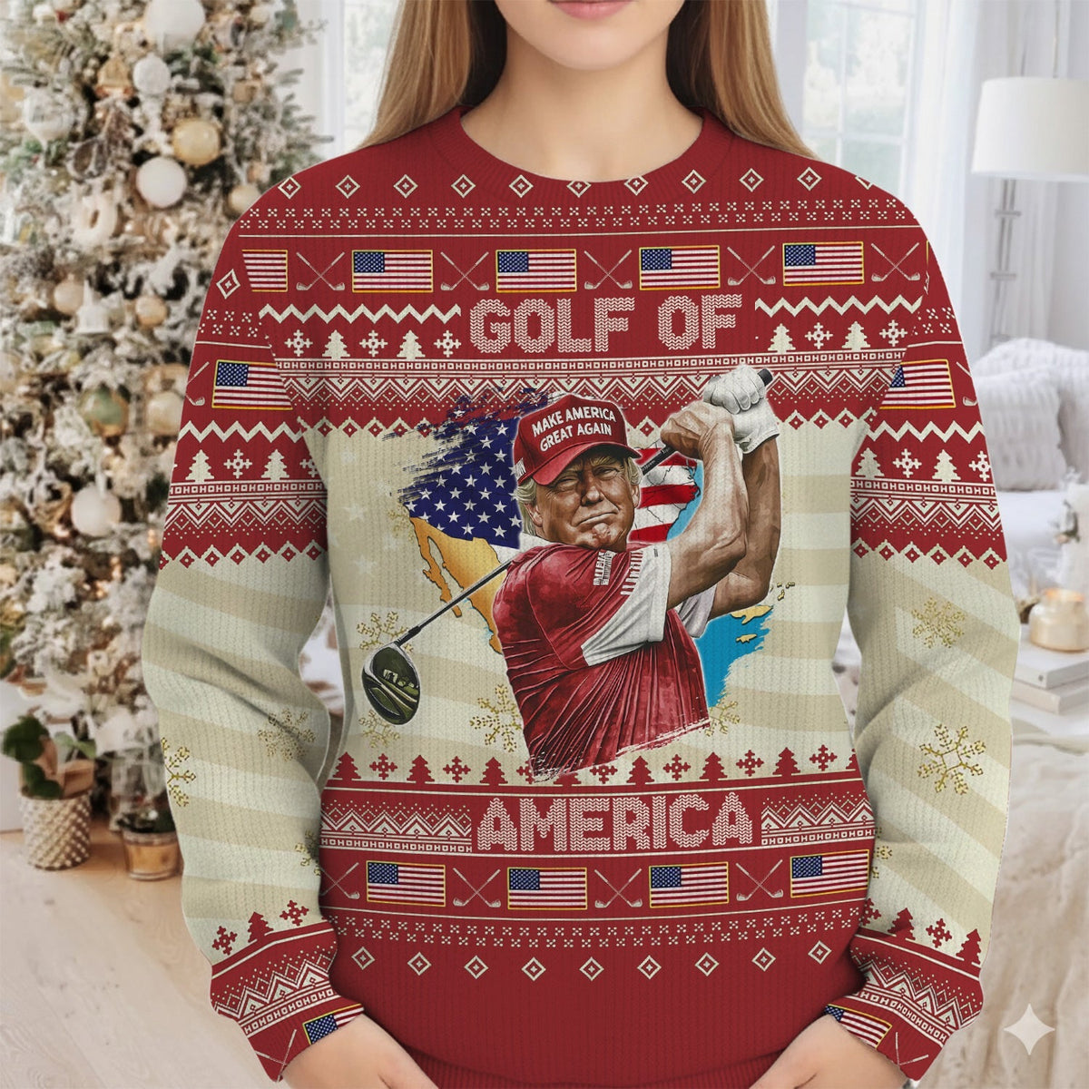 Trump Golf Of America Christmas Golf Shirt Christmas Ugly Sweater, Golf Ugly Christmas Sweater, Christmas Golf Shirt