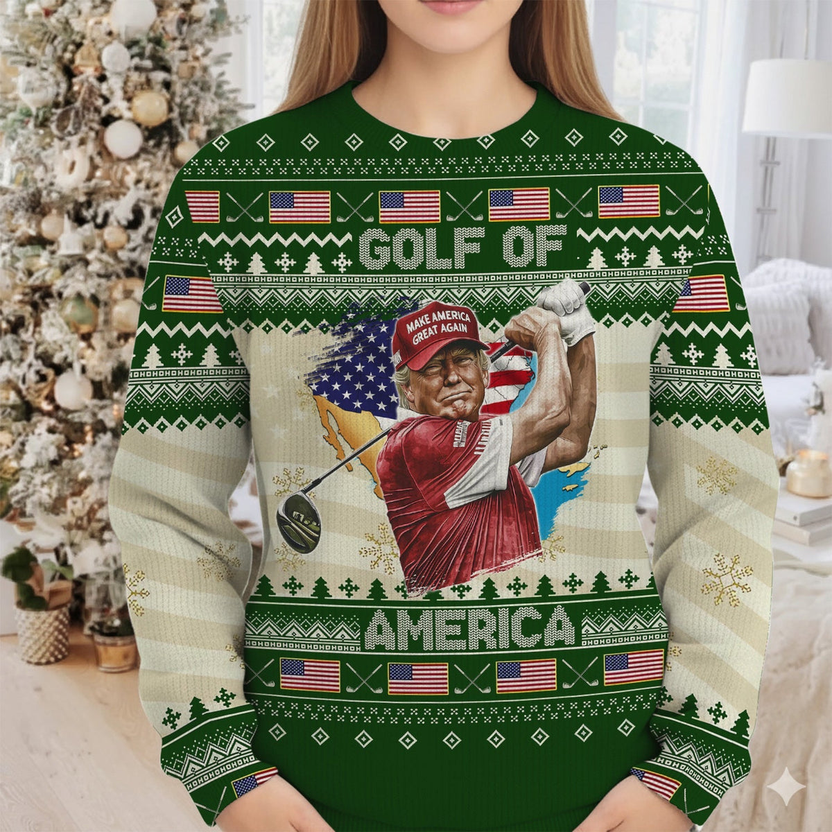 Trump Golf Of America Christmas Golf Shirt. Golf Ugly Sweater, Golf Sweater, Christmas Golf Gift