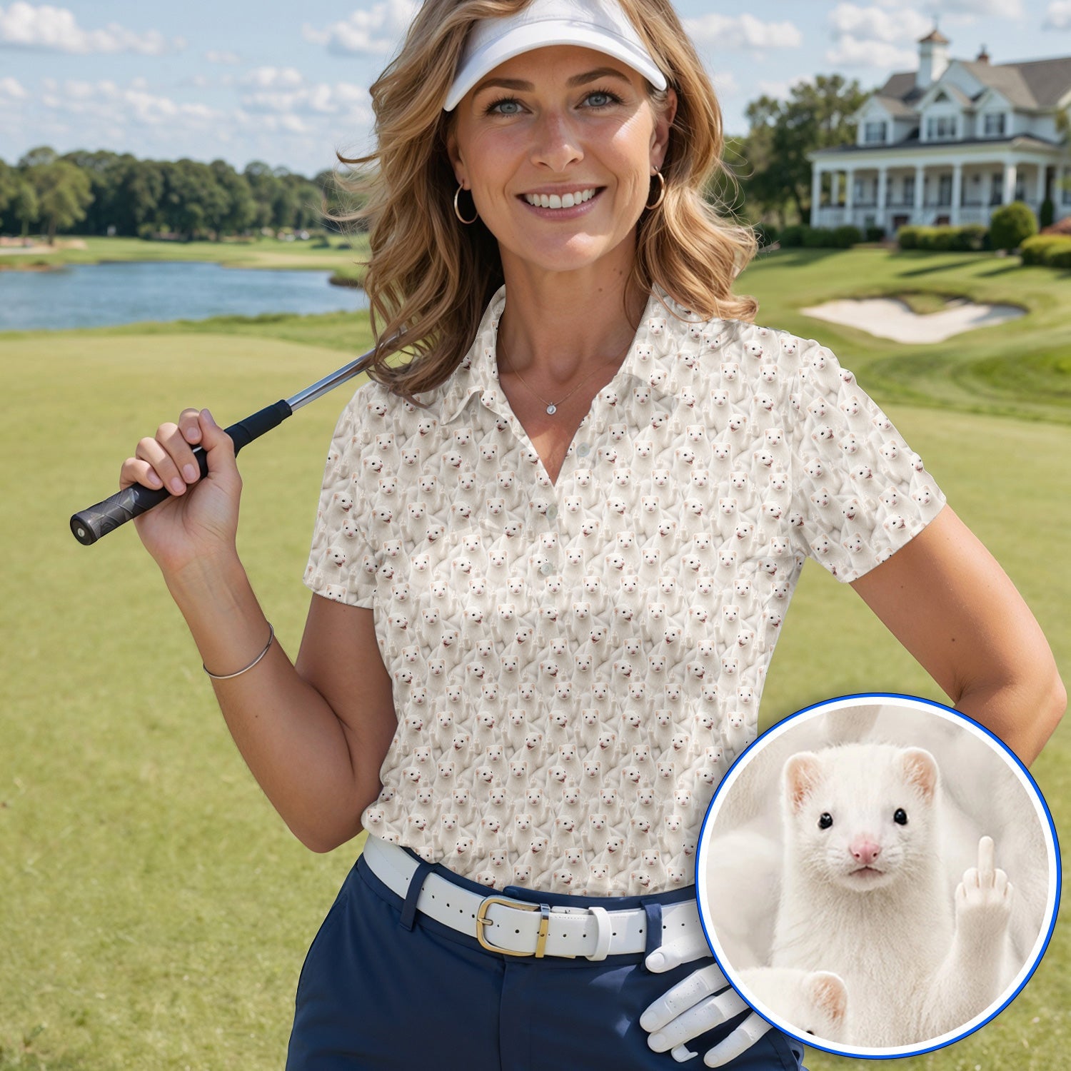 White Ferret Pattern Golf Polos, Funny Ferret Golf Shirt, Golf Gift For Golfer