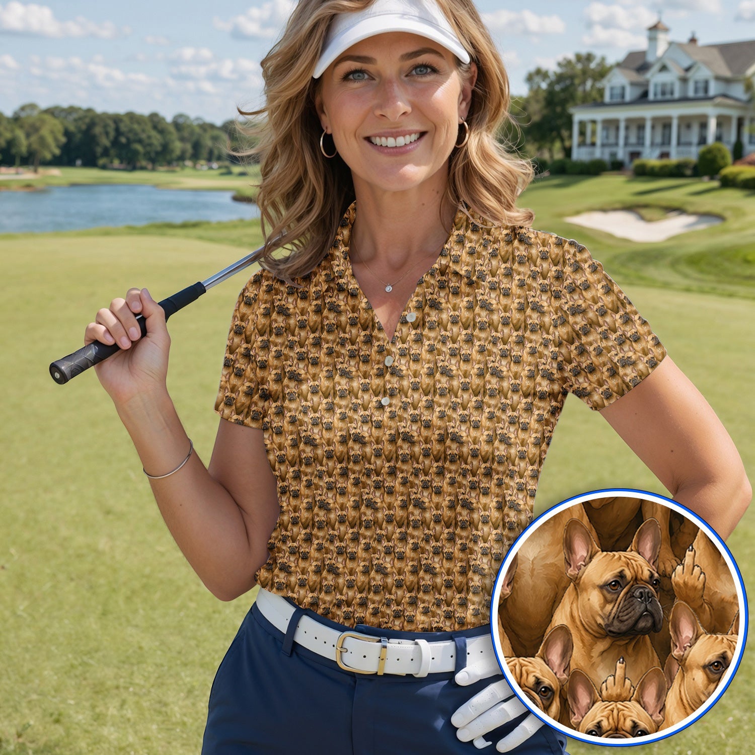 Funny French Bulldog Golf Shirt, Frenchie Pattern Golf Polos, Dog Dad Golf Gift
