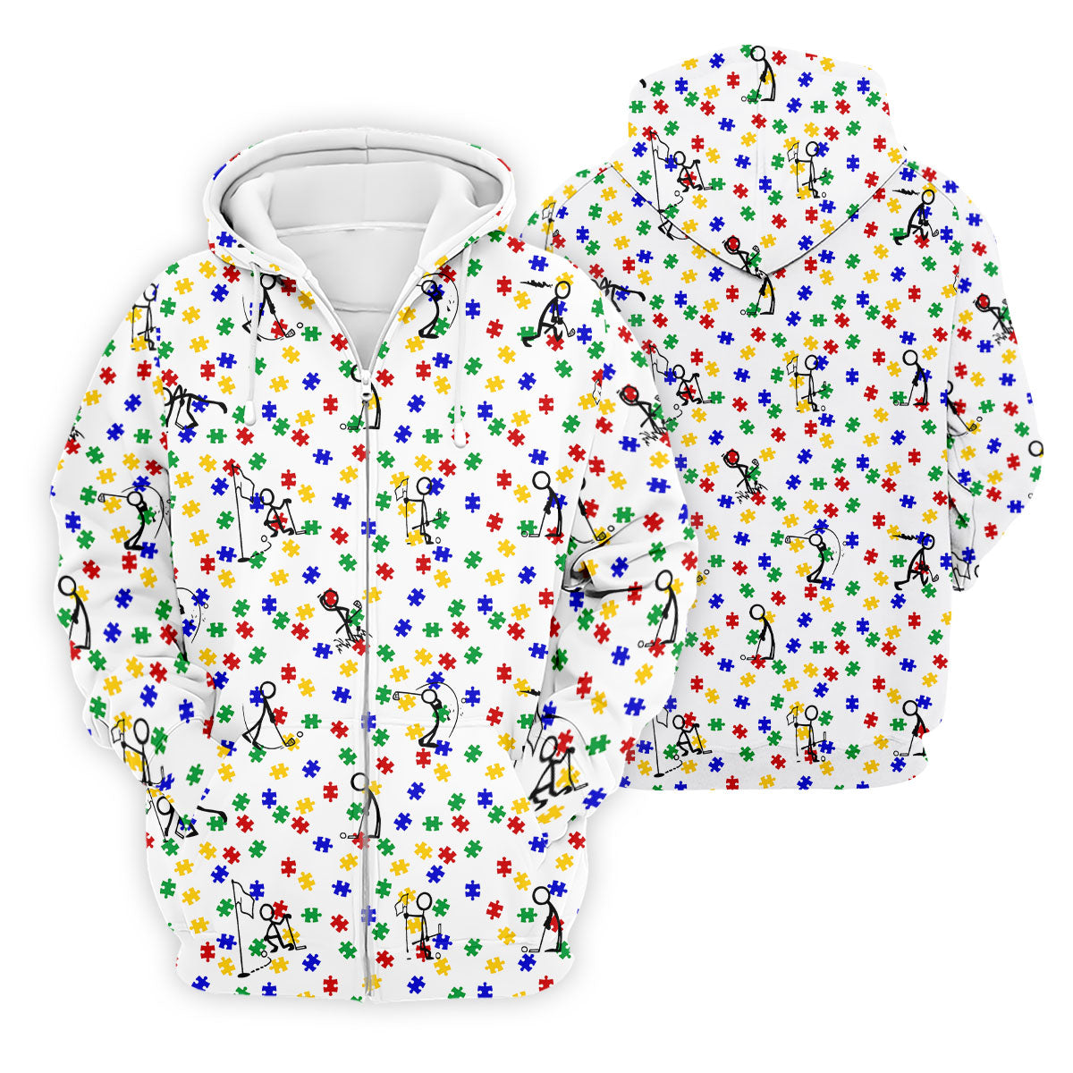 Funny Stick Figure Autism Puzzle Polo Shirts For Men, Autism Awareness Golf Shirt, Golfing Apparel
