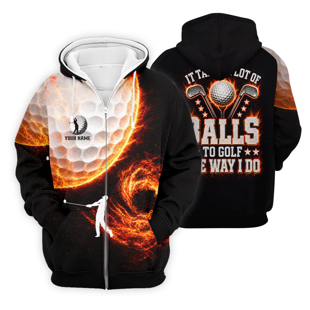 Custom Your Name Fire Golf Ball Polo Shirt, Golf Polo Shirts For Men, Mens Golf Apparel