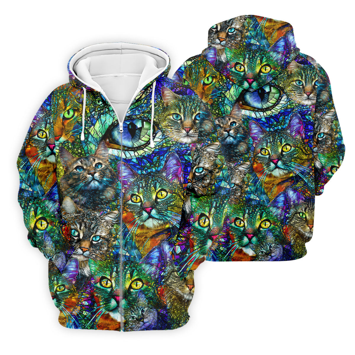 Colorful Stained Glass Cat Art Golf Polo Shirt, Men's Golf Shirt, Golf Polo Shirts For Men