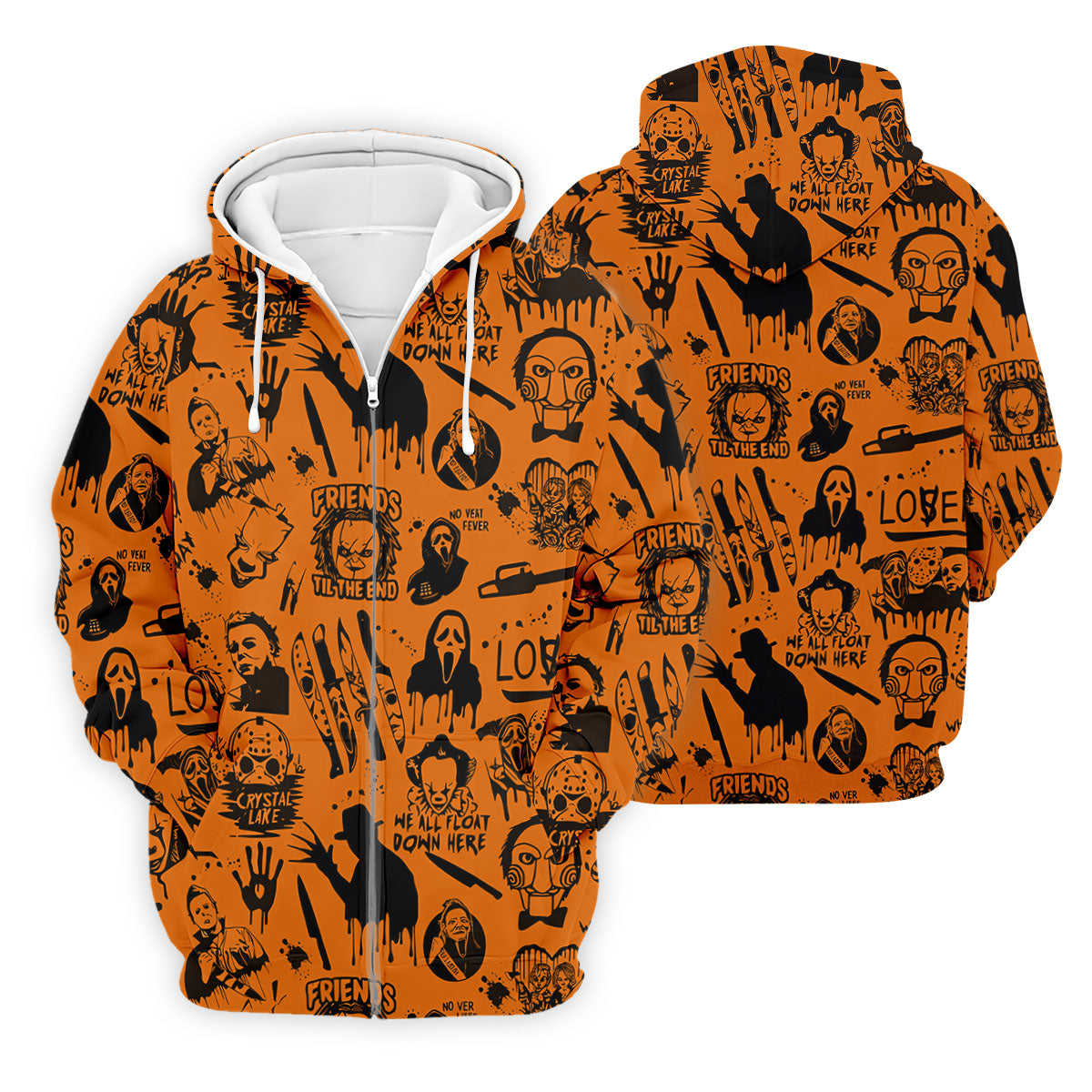 Orange Horror Character Icons Pattern Golf Polo Shirt for Halloween, Mens Golf Polo, Printed Golf Shirts