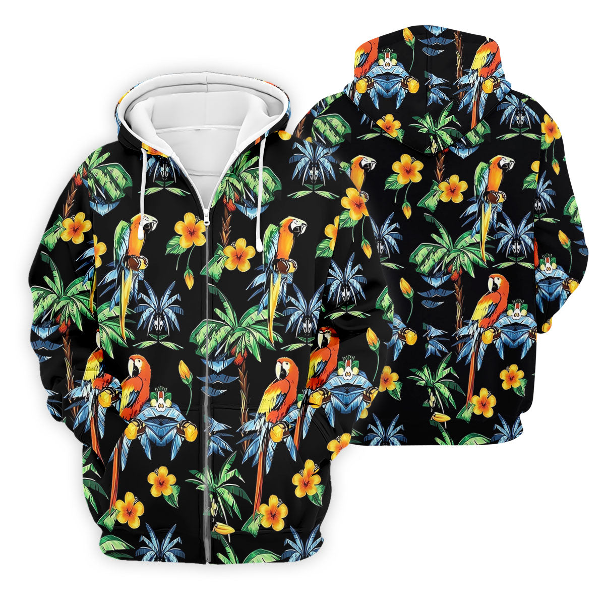 Black Tropical Parrot Palm Flower Pattern Golf Shirt, Men's Golf Shirt, Mens Polo Shirts, Hawaiian Golf Shirt