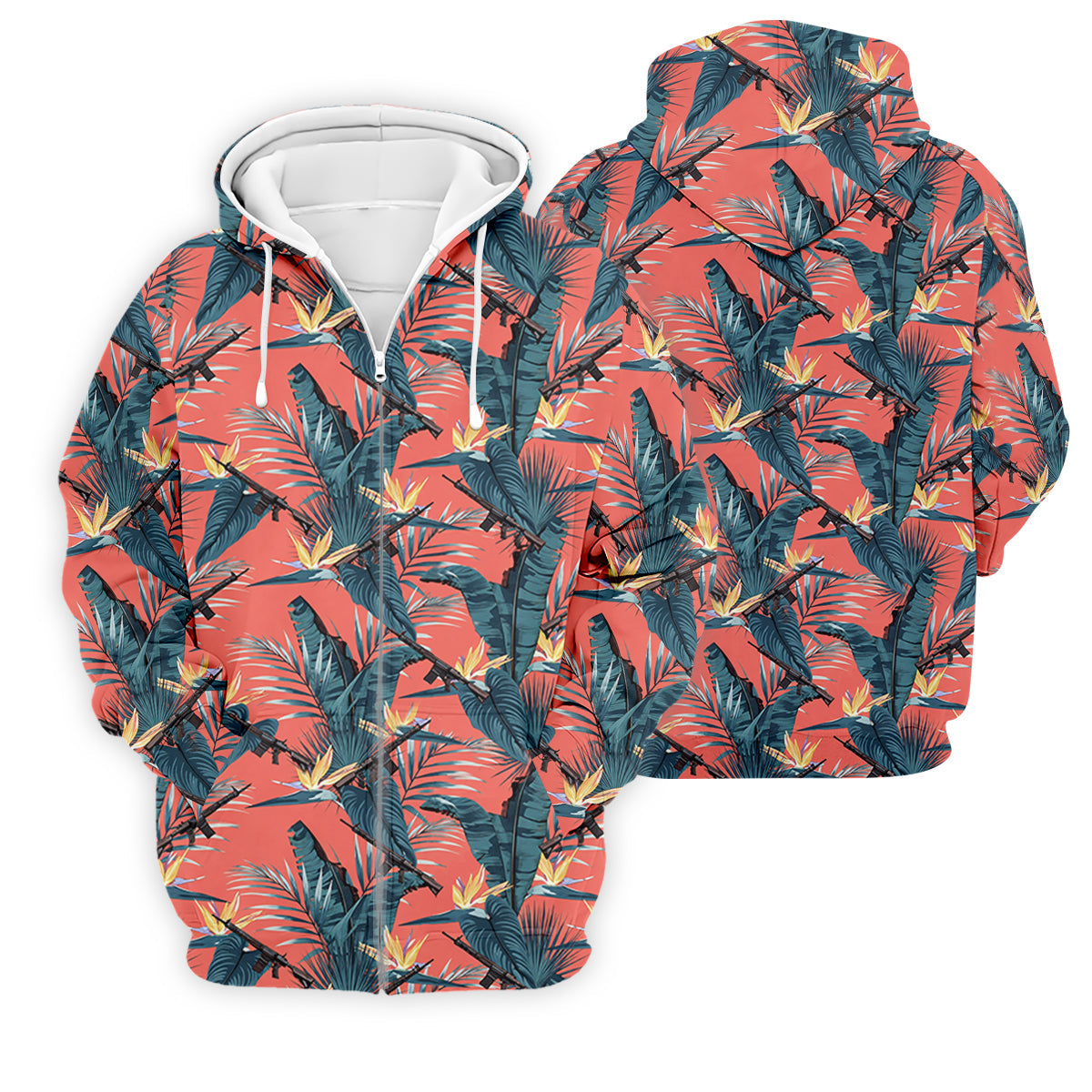 Tropical Palm Leaf And Rifle Pattern Coral Golf Polo, Printed Golf Shirts, Golf Apparel For Men