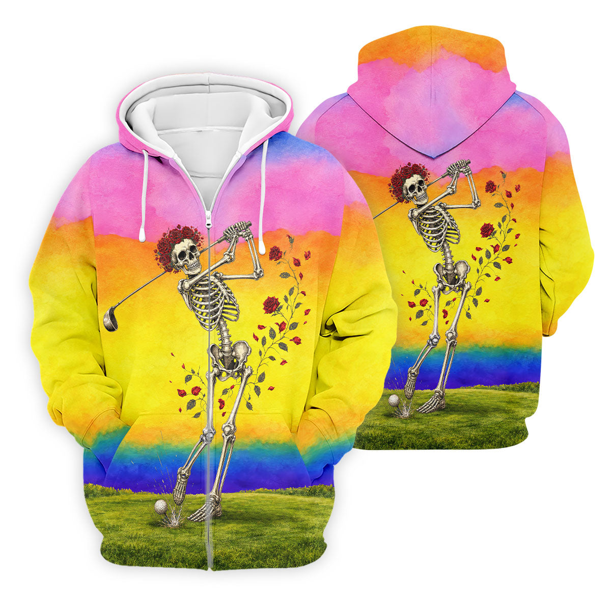 Rainbow Skeleton Golfer Golf Polo Shirt, Mens Golf Shirts, Hawaiian Golf Shirt