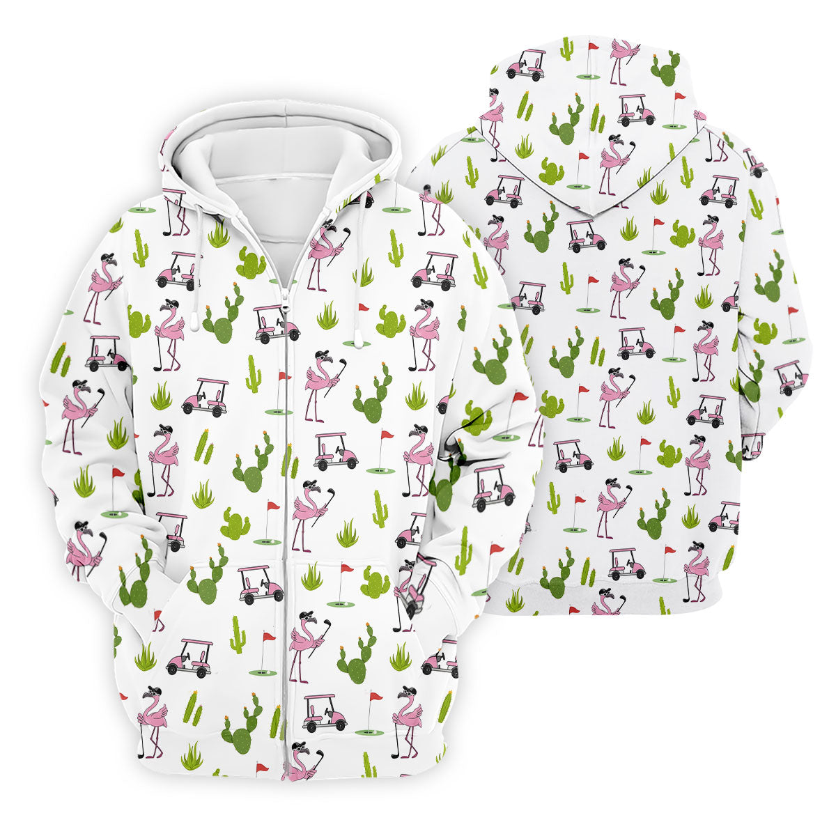 Pink Flamingo Golf Cart Cactus Hawaiian Golf Shirt, Mens Golf Polo, Golf Apparel For Men