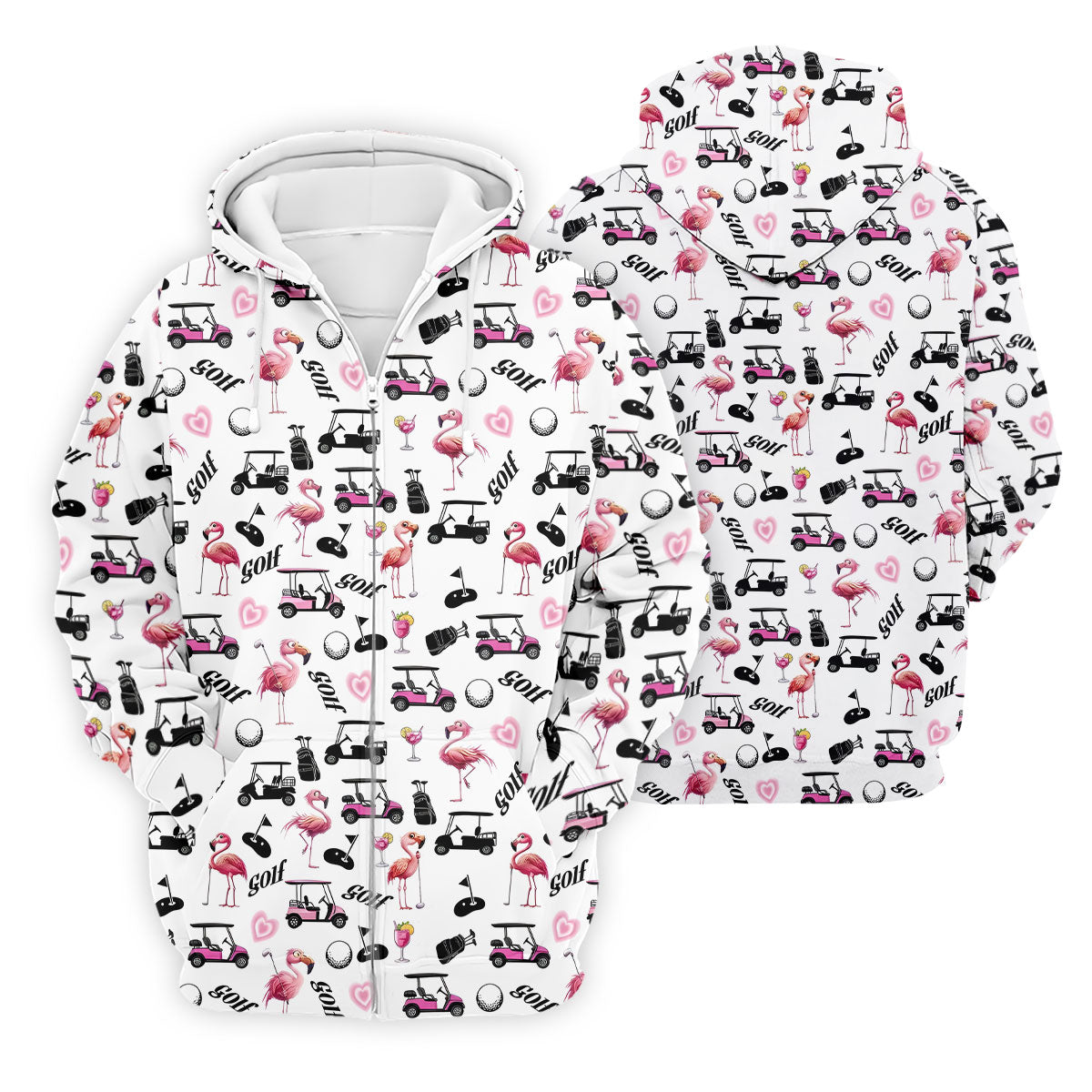 Pink Flamingo Golf Cart Martini Hawaiian Golf Shirt, Mens Golf Polo, Printed Golf Shirts