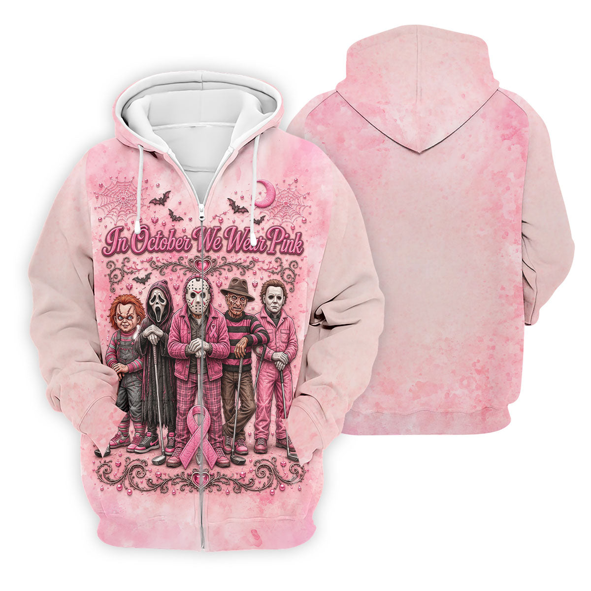 In October We Wear Pink Breast Cancer Horror Characters Golf Polo, Polo Shirts For Men