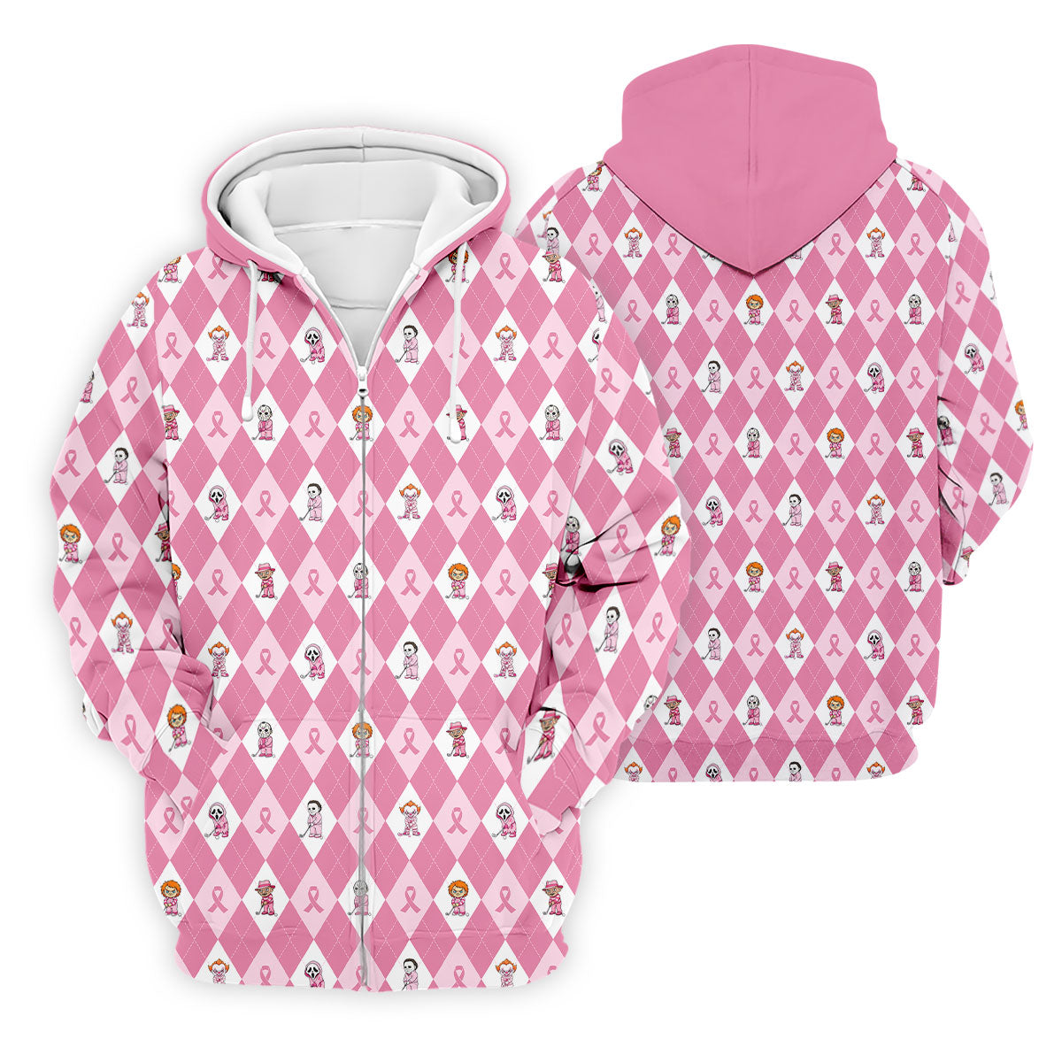 Pink Argyle Horror Character Breast Cancer Polo Shirt, Golf Shirts For Men, Mens Golf Shirts
