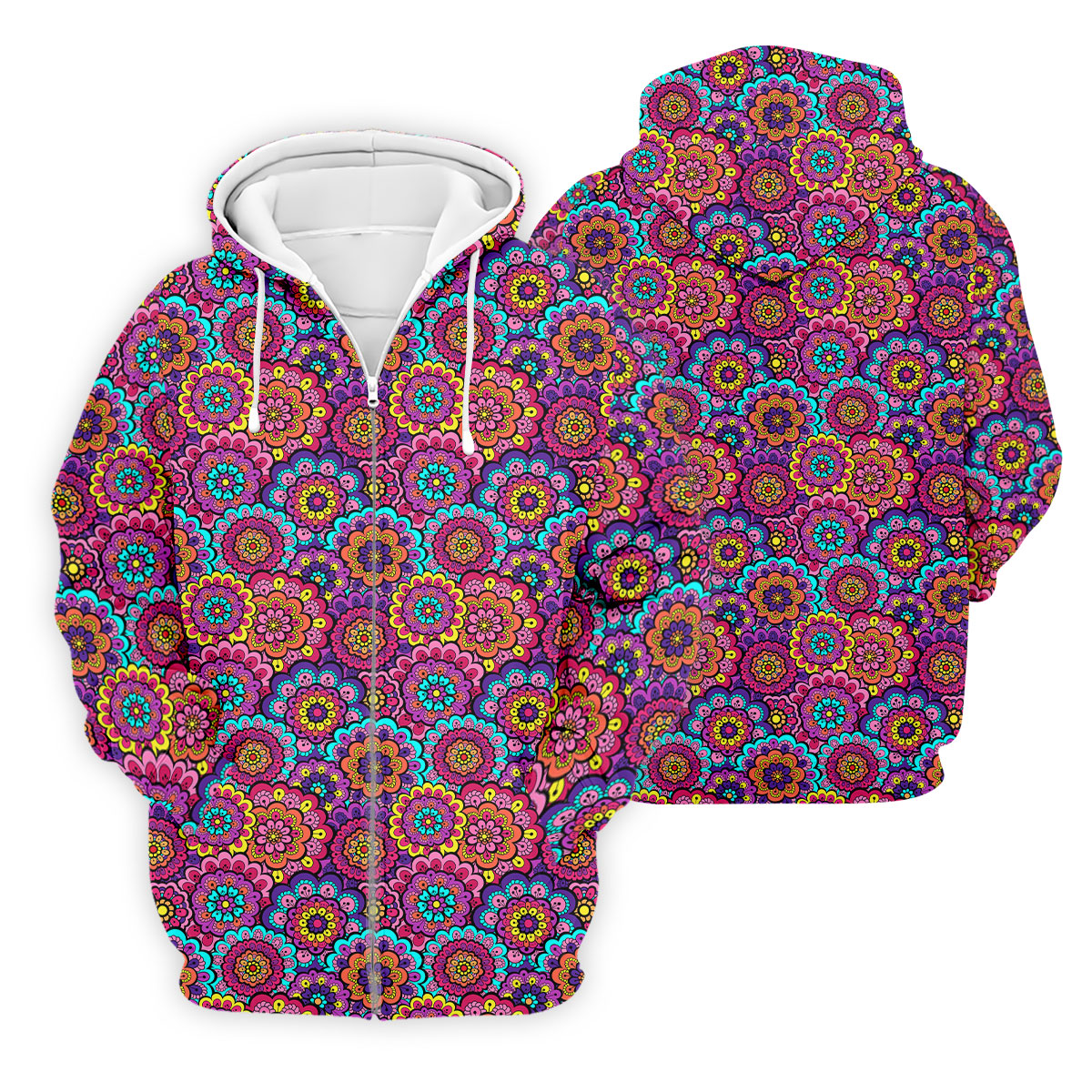 Colorful Mandala Floral Pattern Zip Hoodie, Graphic Zip Hoodie, Hooded Sweatshirt For Men