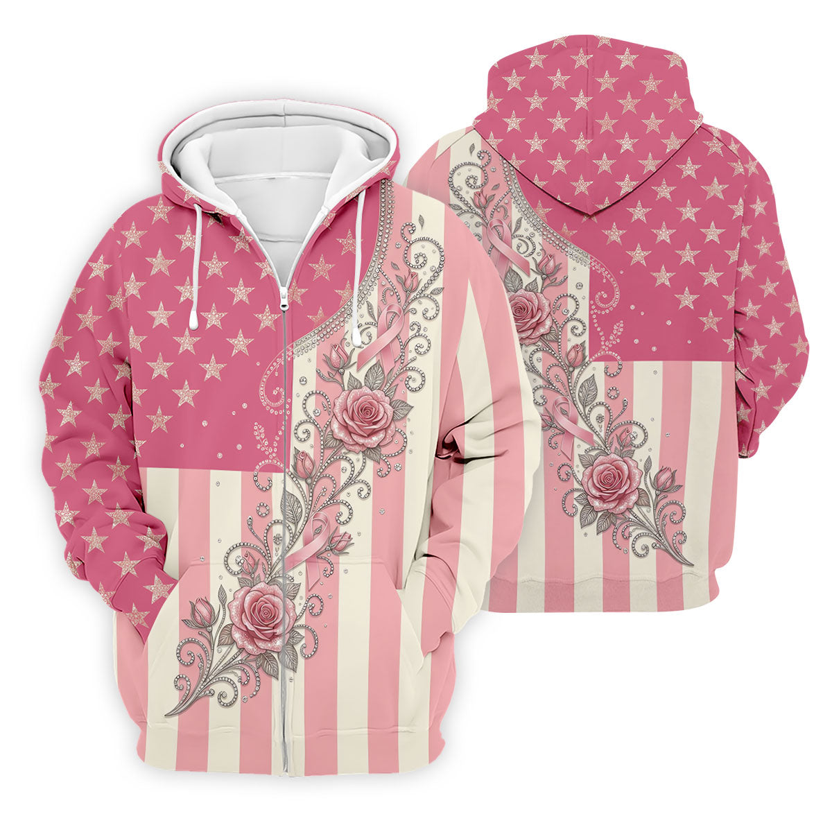 Pink Stars Stripes Rose Breast Cancer Polo Shirt, Men's Golf Shirt, Mens Golf Polo