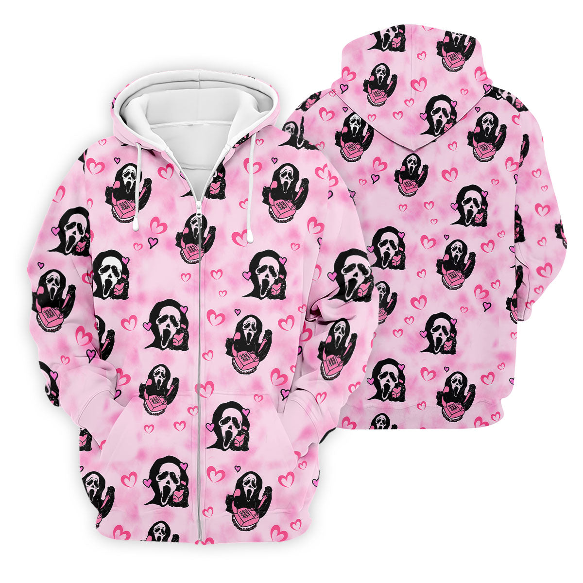 Pink Cute Ghost Caller Heart Pattern Halloween Golf Polo Shirt, Golf Apparel For Men
