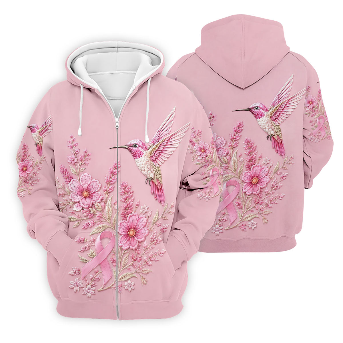 Hummingbird Floral Breast Cancer Ribbon Polo Shirt, Mens Golf Polo, Golf Apparel For Men