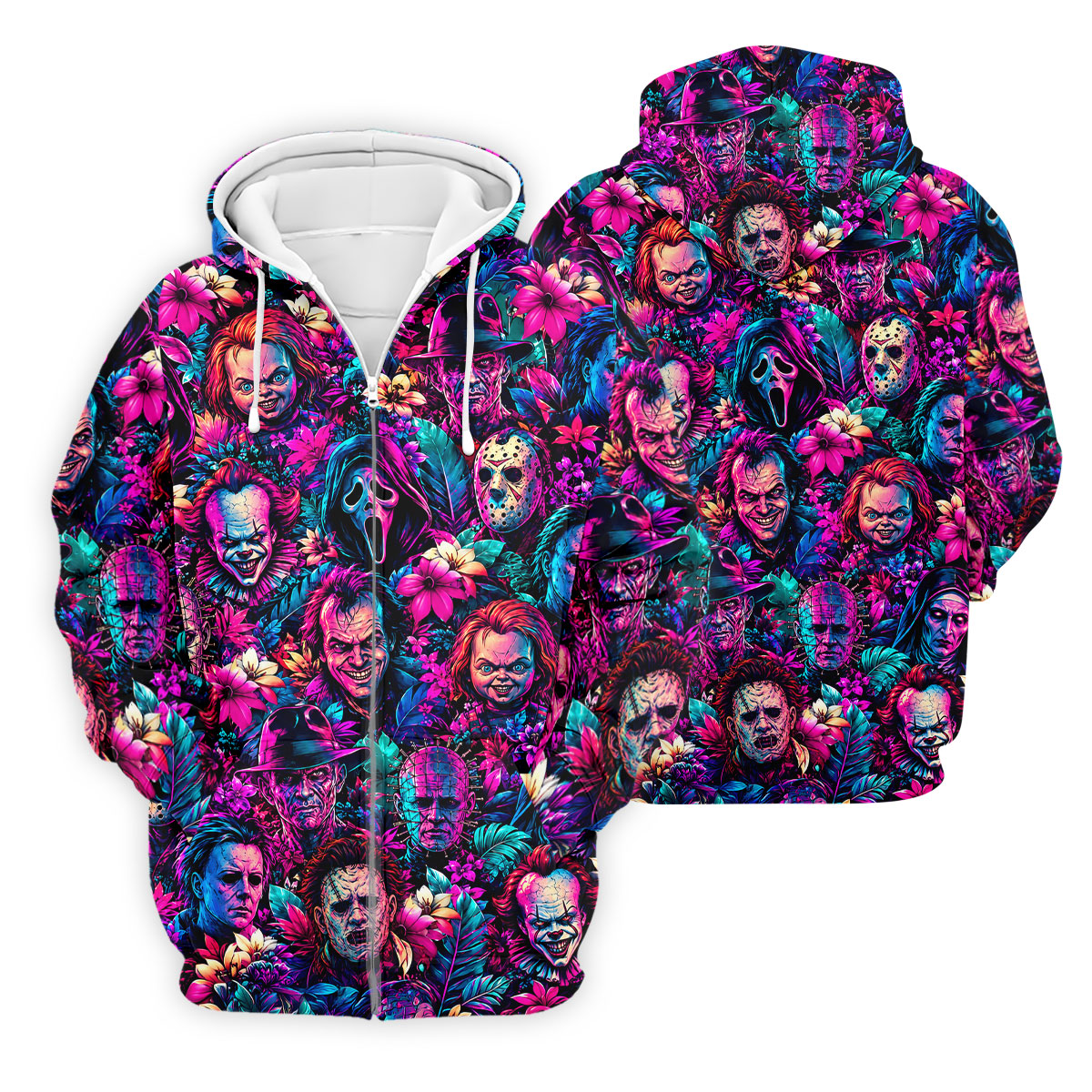 Neon Floral Horror Character Halloween Golf Shirt, Golf Shirts For Men, Mens Golf Apparel