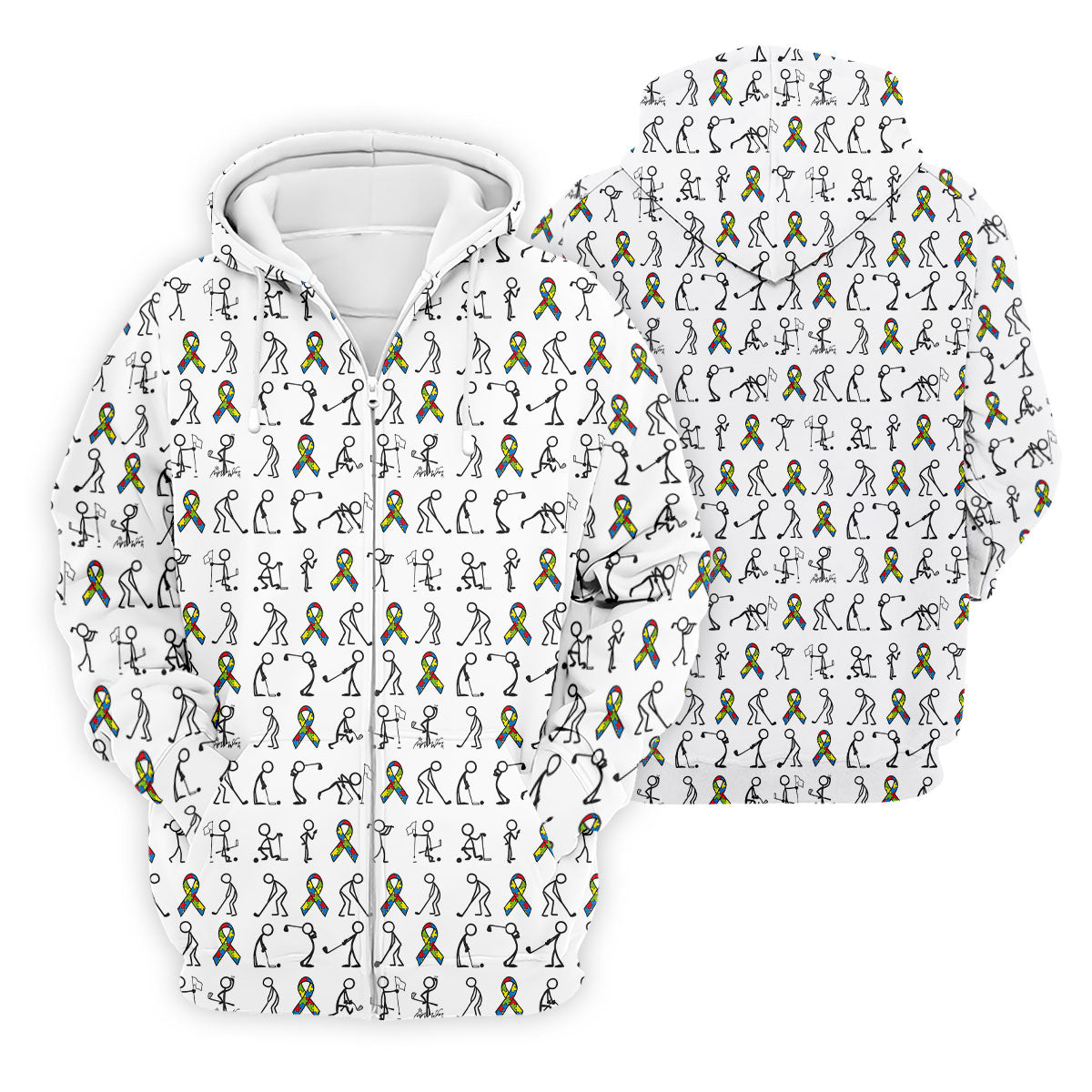 Stick Figure Golf Pose Autism Ribbon White Golf Shirt, Autism Awareness Colors Golf Shirts For Men